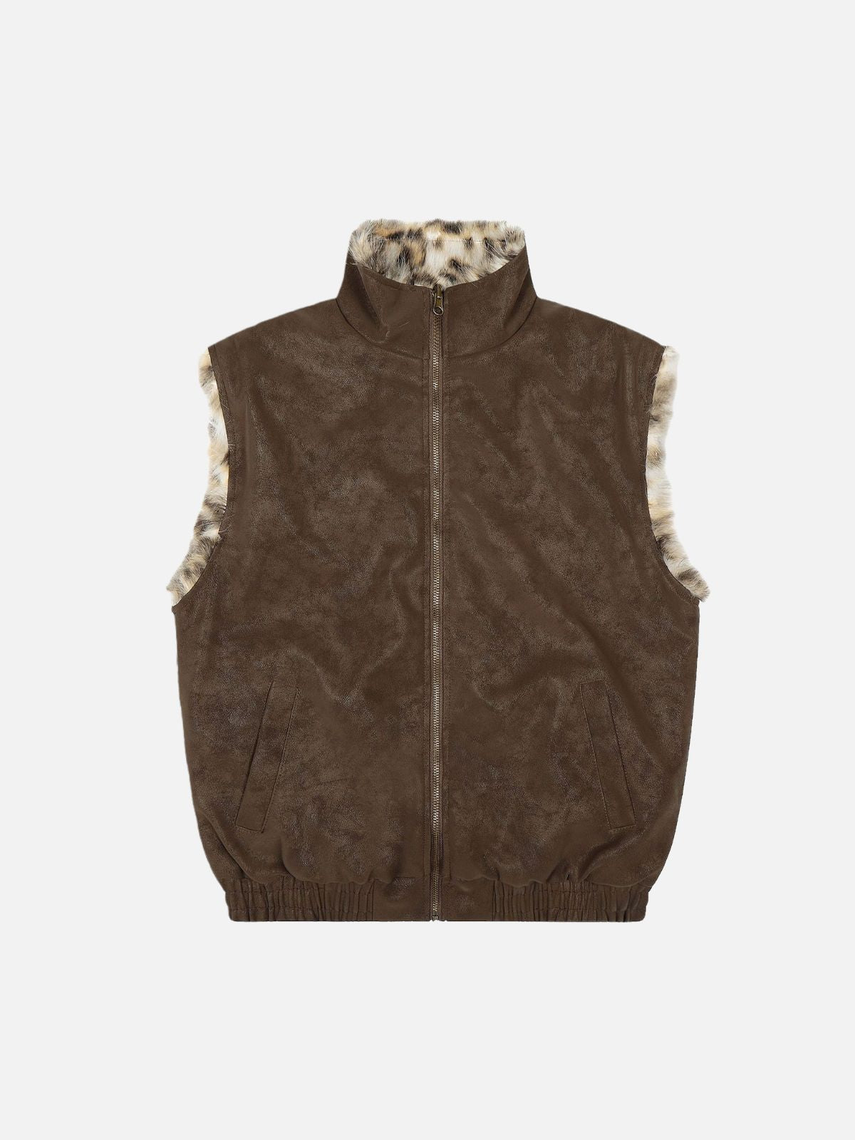 Haaura Leopard Trim Stand Collar Zip-Up Vest
