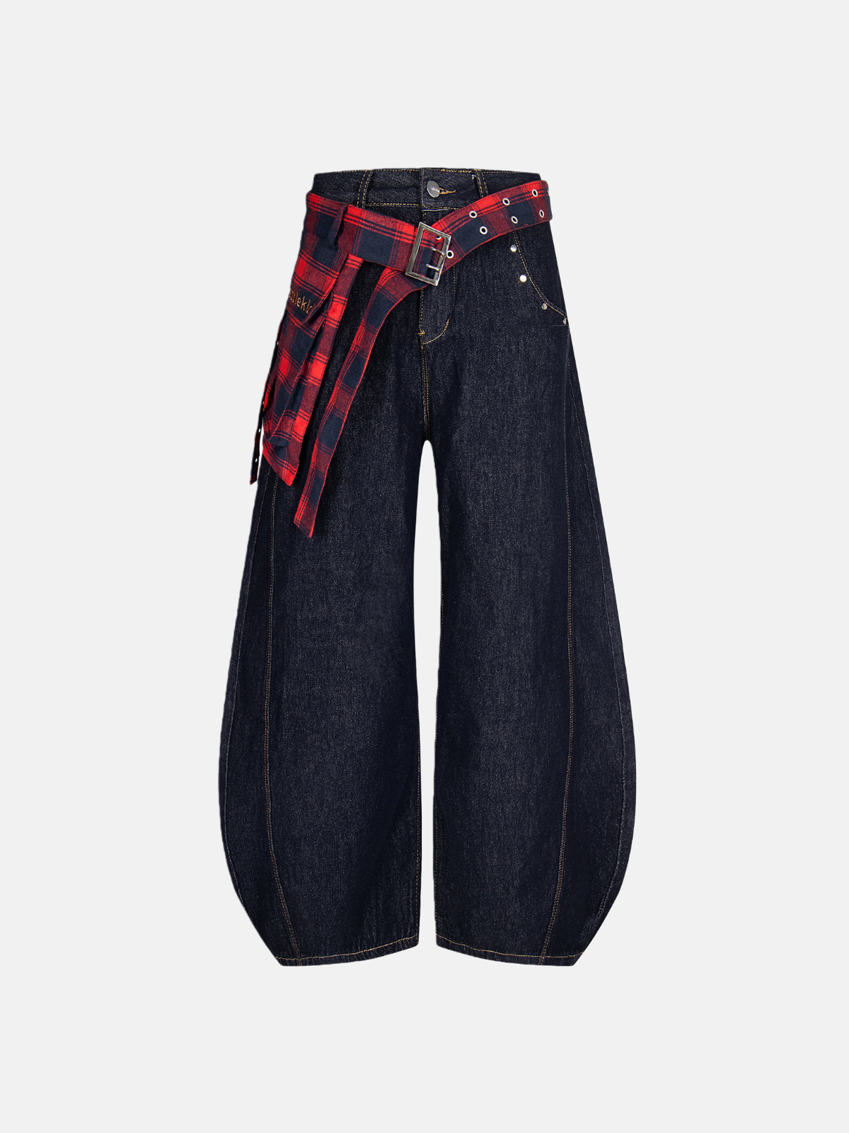 Haaura Plaid Shirt Belt Ombré Lantern Jeans