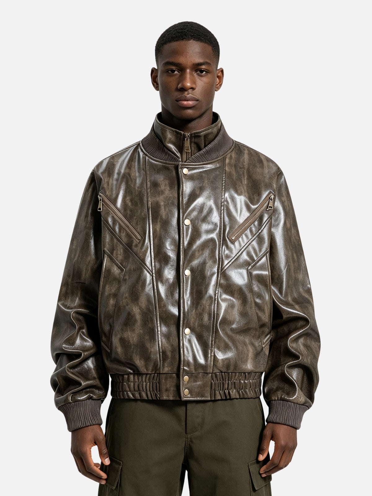 Haaura Distressed Zip Pocket Bomber Jacket