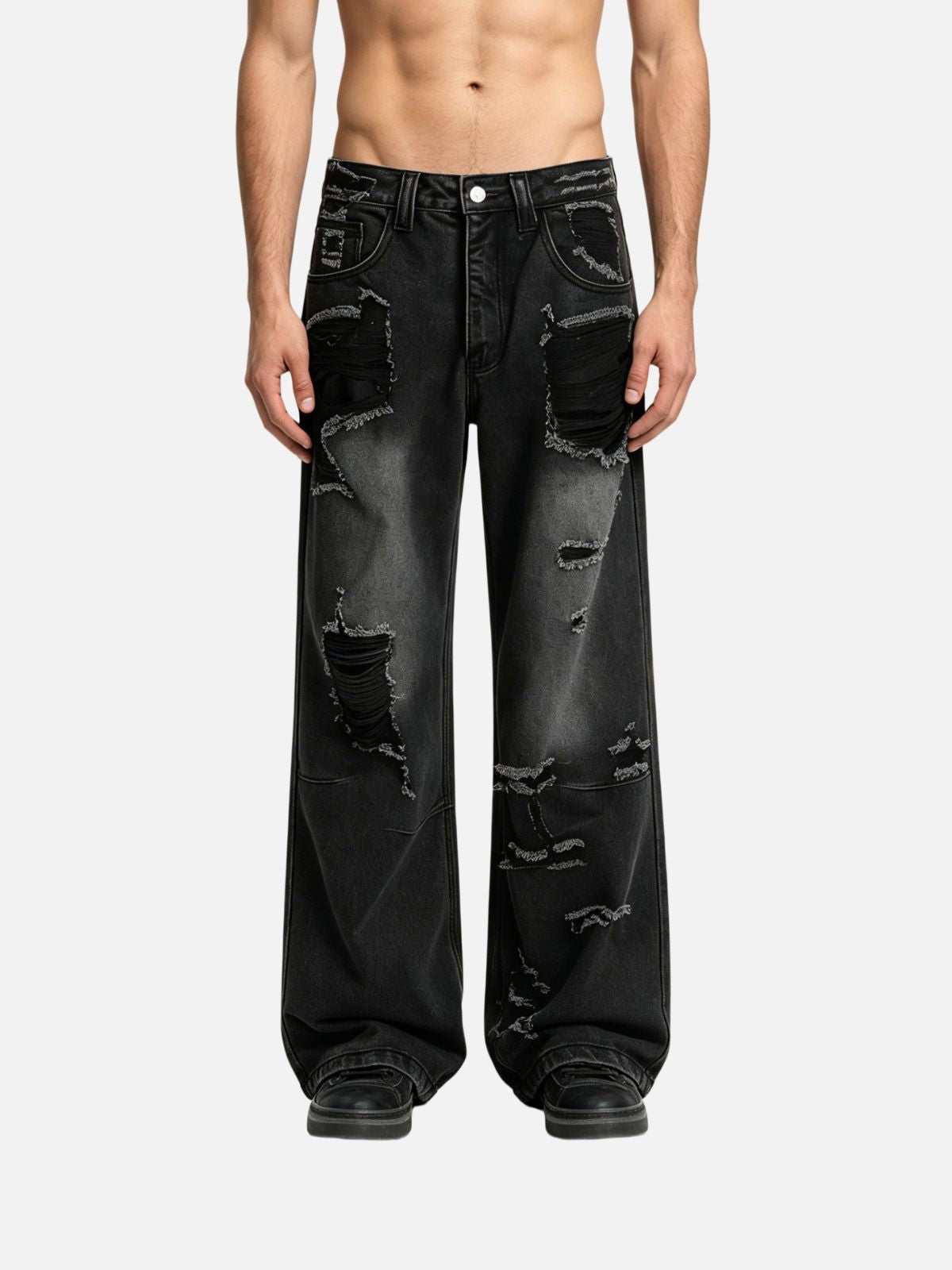 Haaura Wash Destructed Whiskering Baggy Jeans