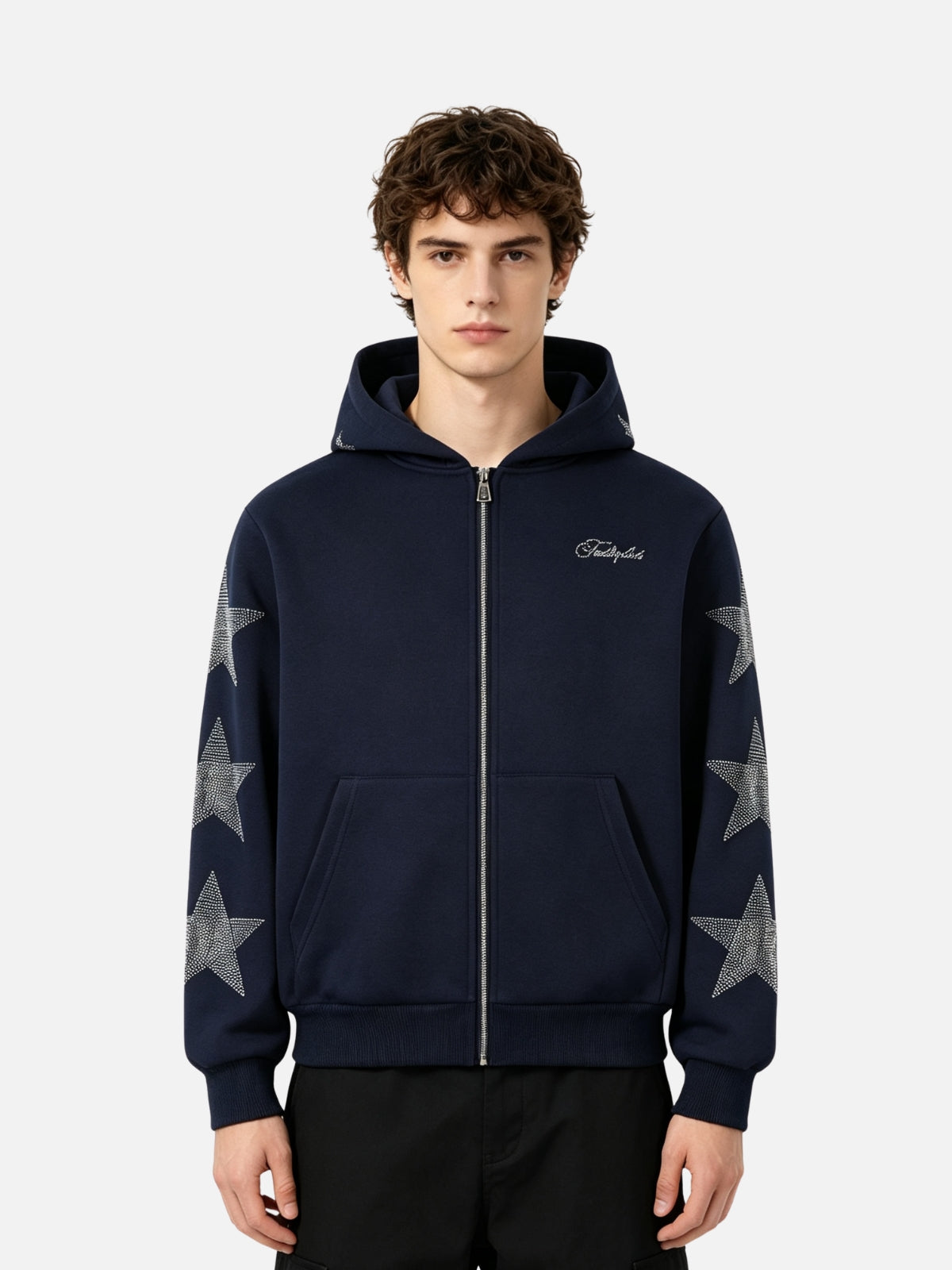Haaura Rhinestone Star Sleeve Zip Up Hoodie