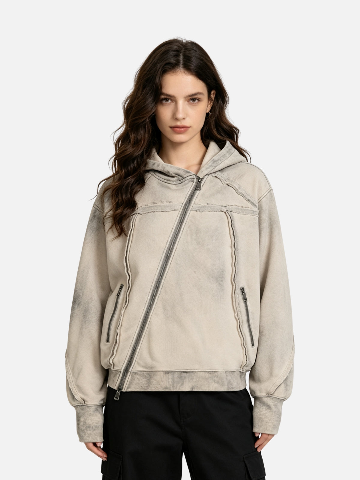 Haaura Asymmetrical Zip Frayed Hoodie
