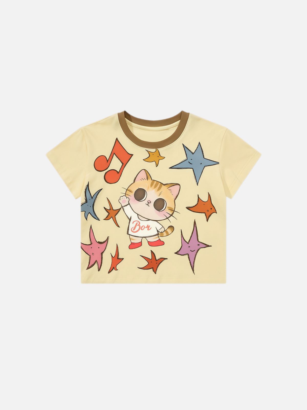 Haaura Cropped Contrast Collar Cat Graphic Tee