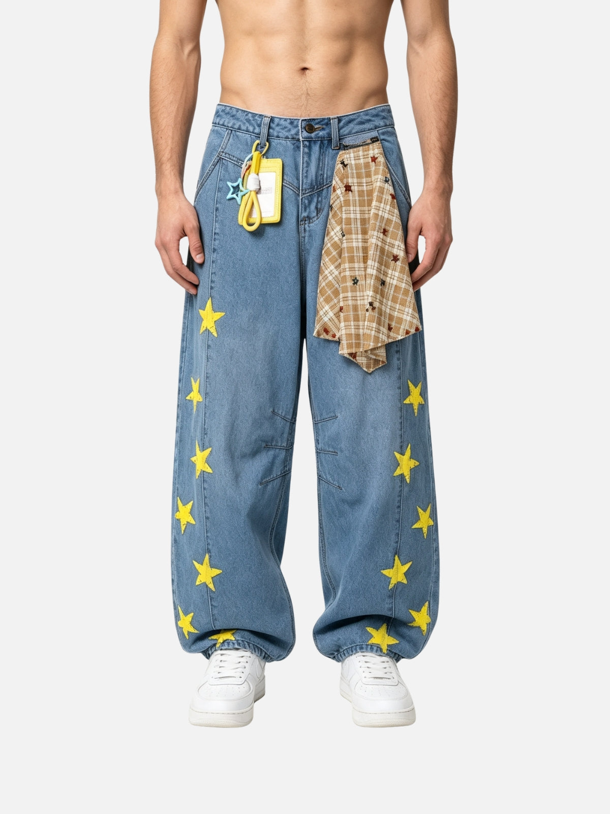 Haaura Star Applique Plaid Detail Baggy Jeans