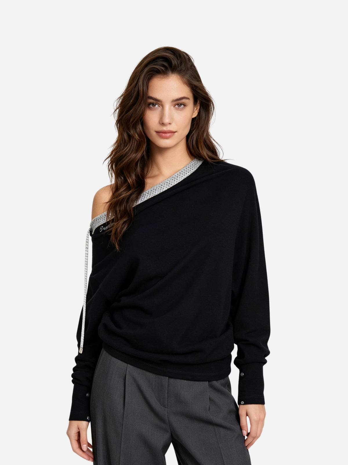 Haaura Polka Dot Trim Off-Shoulder Top