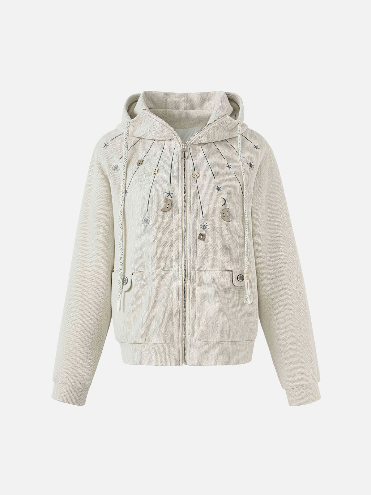 Haaura Boxy Celestial Embroidered Textured Zip Up Hoodie