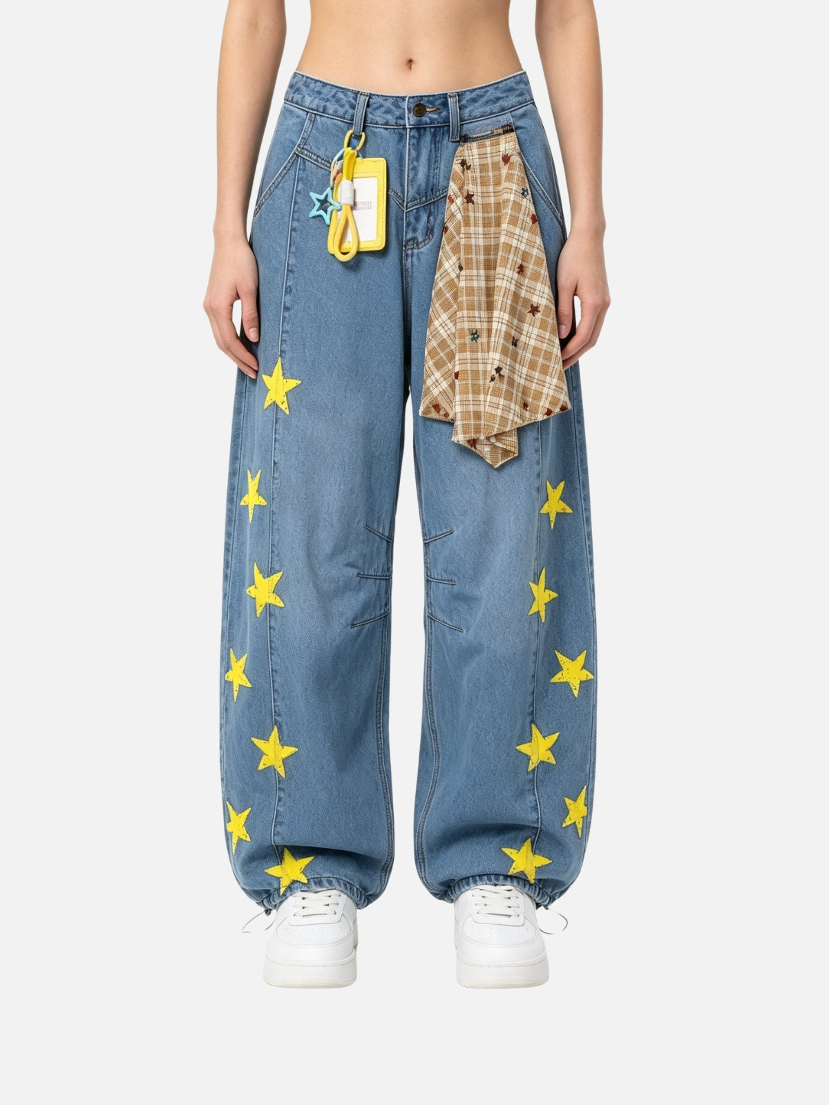 Haaura Star Applique Plaid Detail Baggy Jeans