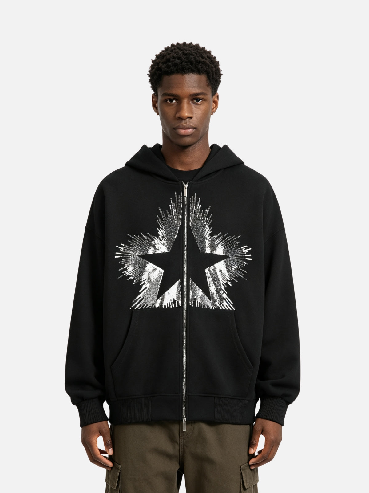 Haaura Rhinestone Star Zip Up Hoodie