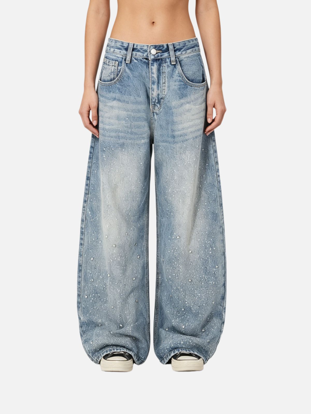 Haaura Baggy Wash Rhinestone Jeans