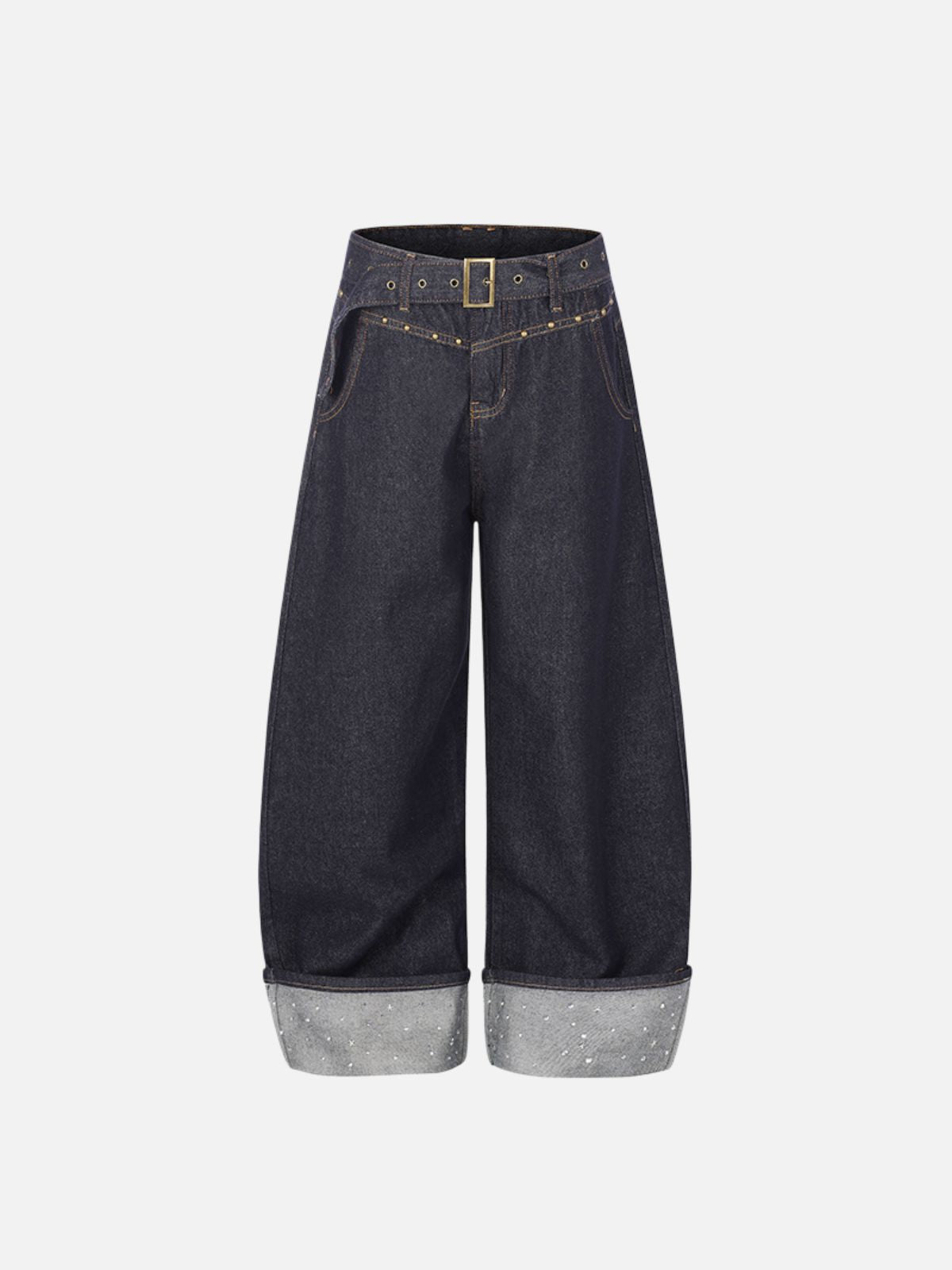 Haaura Belted Embellished Cuff Baggy Jeans