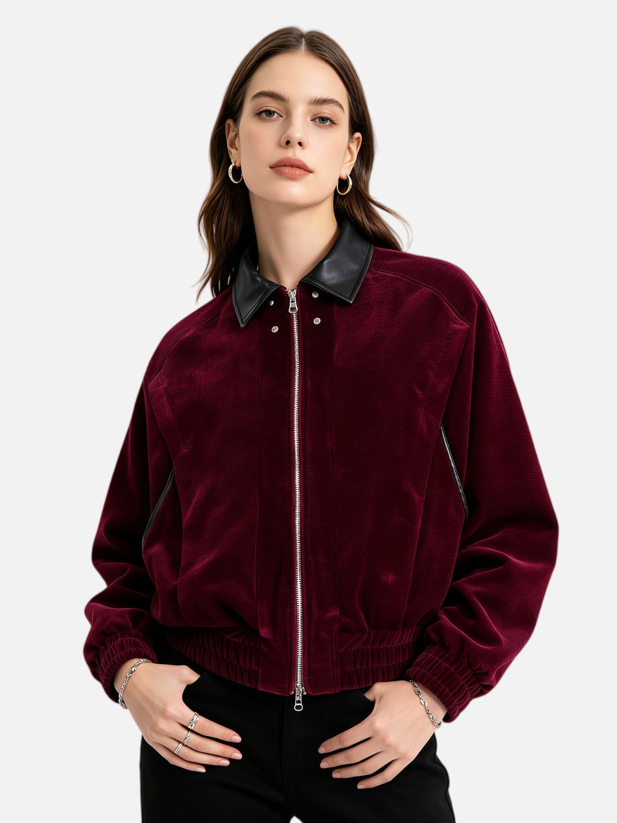 Haaura Velvet Notched Lapel Leather-Trim Jacket