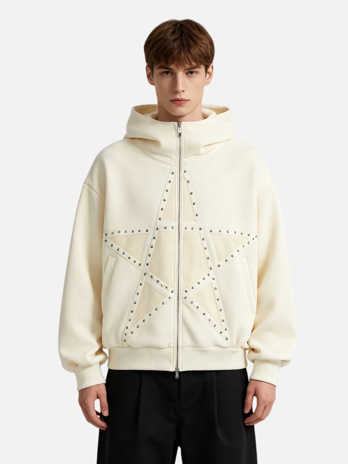 Haaura Boxy Studded Star Graphic Zip Up Hoodie