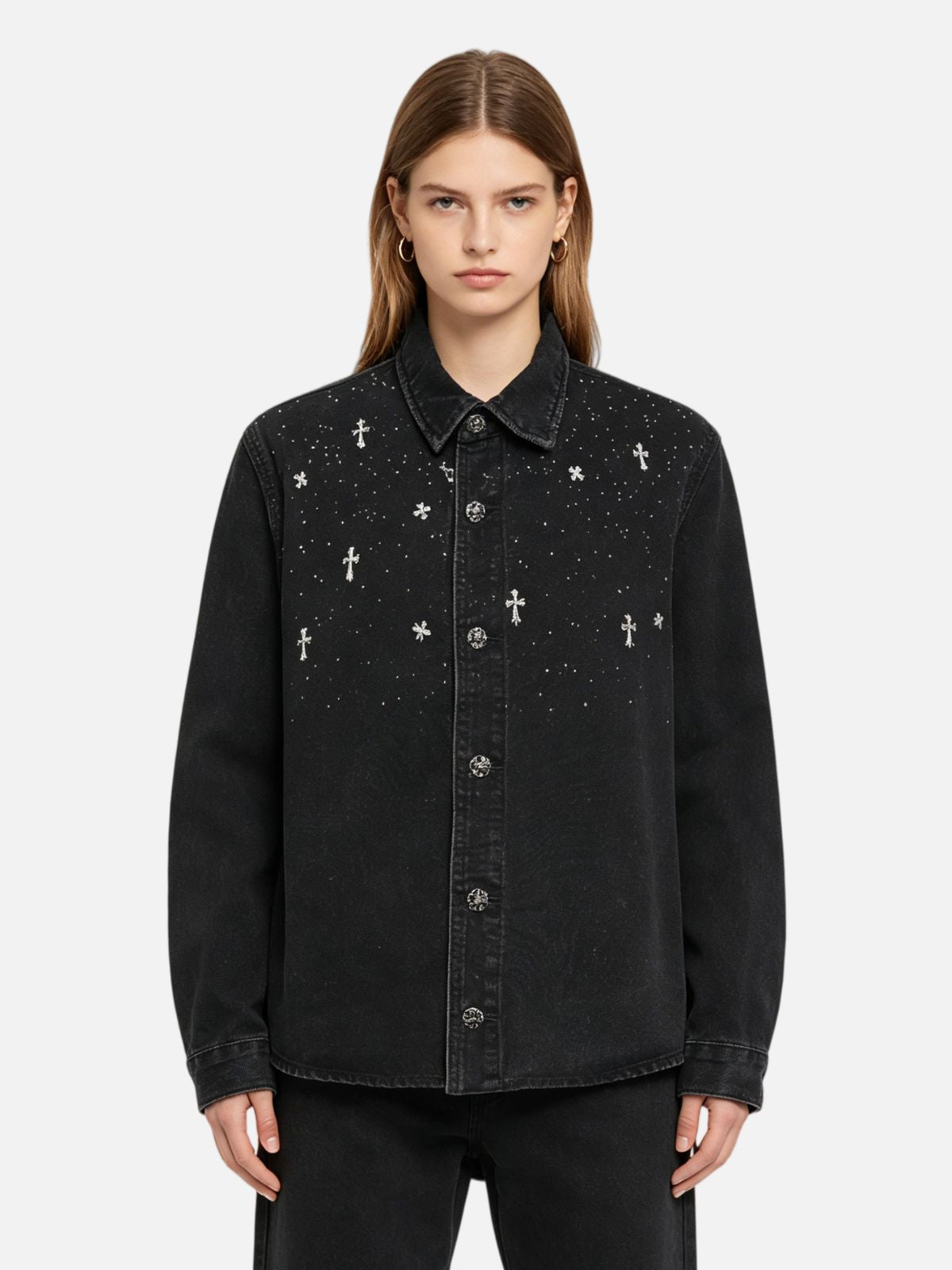 Haaura Embroidered Cross & Floral Denim Shirt