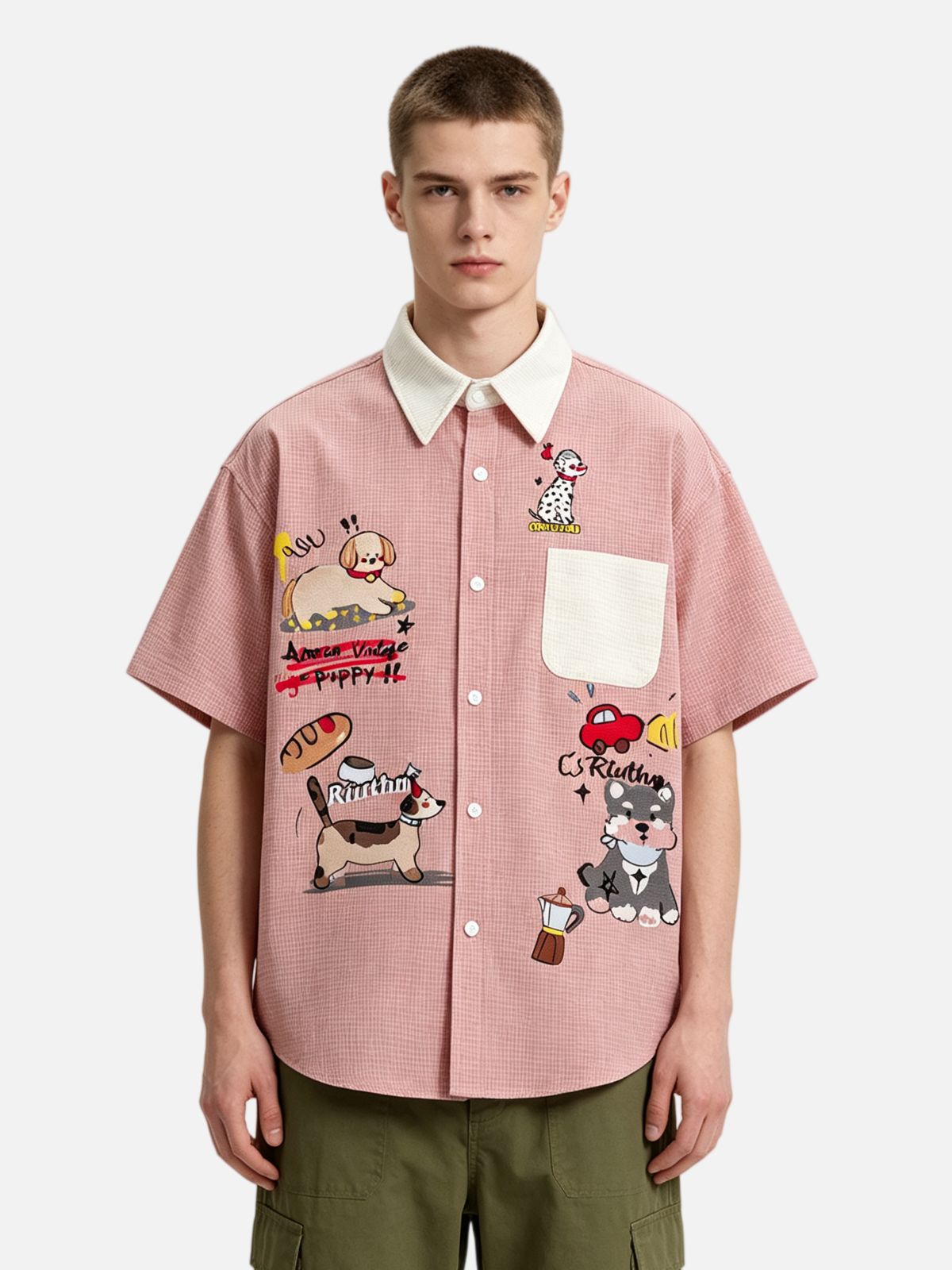 Haaura Puppy Embroidered Contrast Collar Shirt