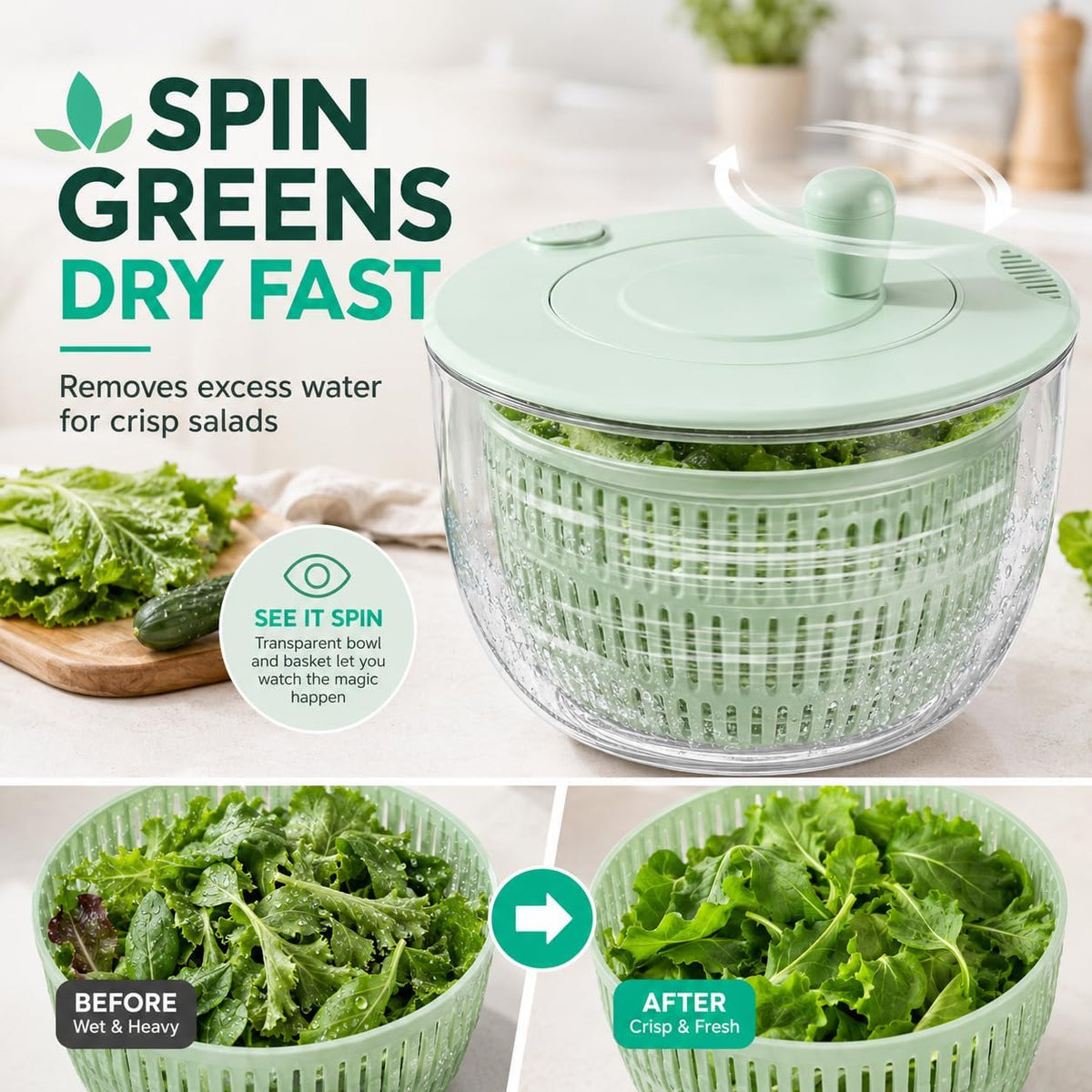 6-in-1 Salad Spinner & Vegetable Slicer – 5.3 QT Large Capacity Food Prep Bowl with 5 Blades, One-Touch Stop, Egg Separator & Citrus Juicer