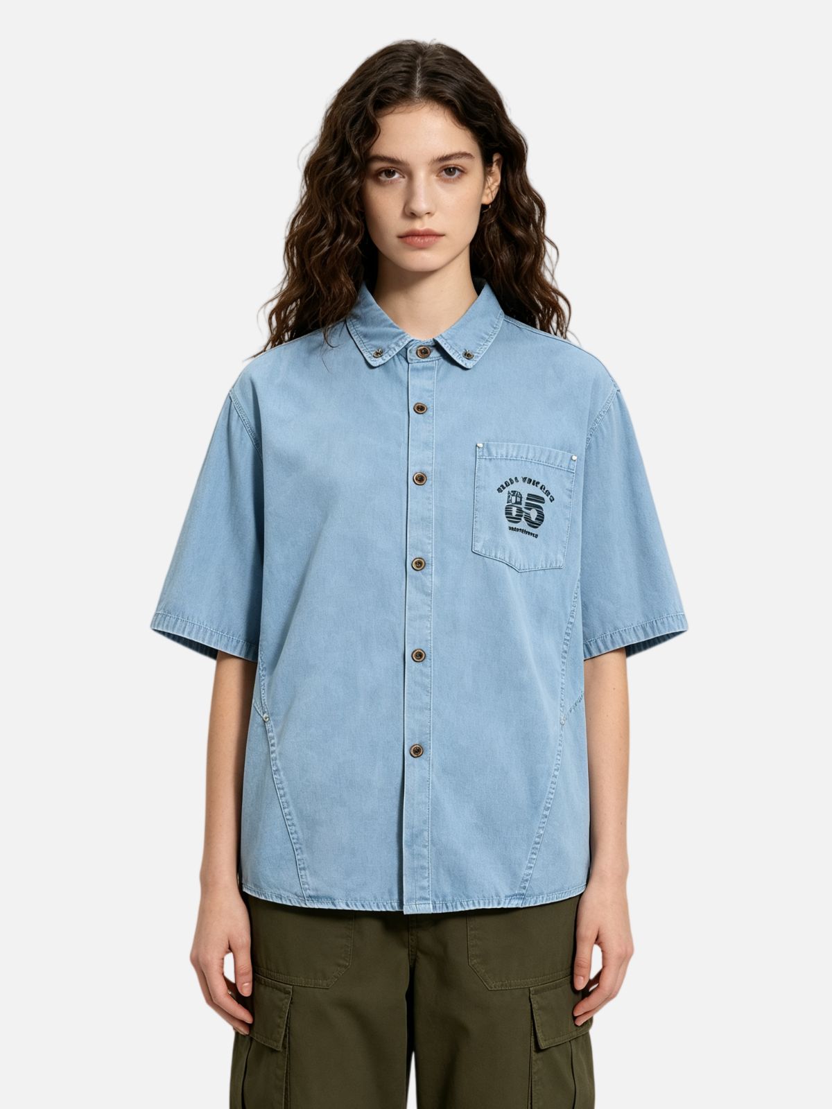 Haaura Boxy Washed Embroidered Pocket Denim Shirt