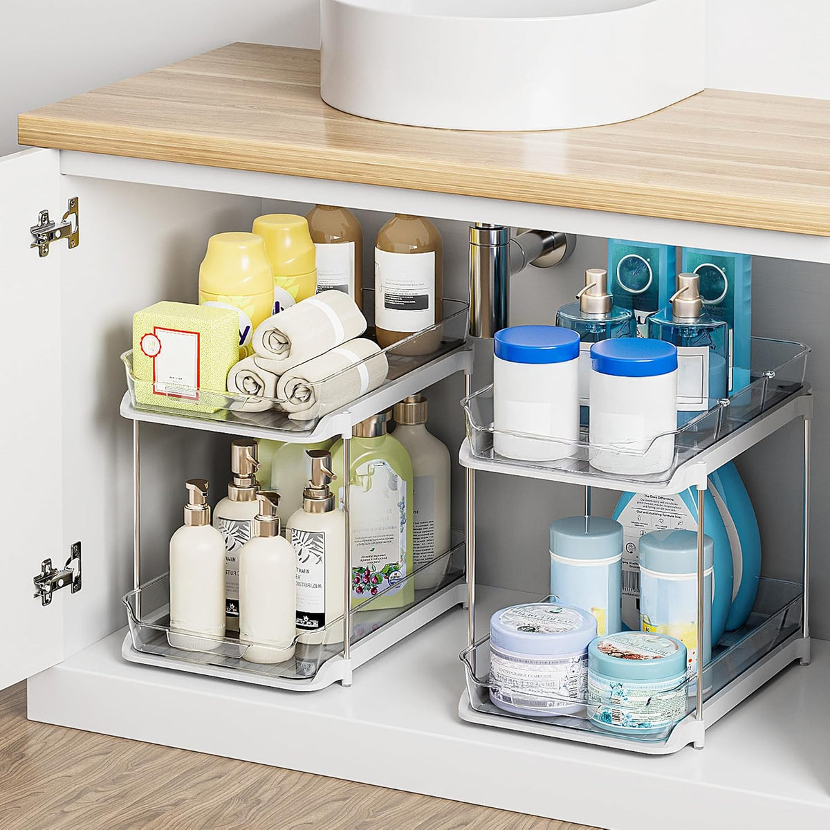 2-Pack 2-Tier Pull-Out Bathroom & Kitchen Organizers – Clear Acrylic Storage Drawers with 8 Movable Dividers, Stackable Cabinet Organizer for Under Sink, Pantry & Vanity