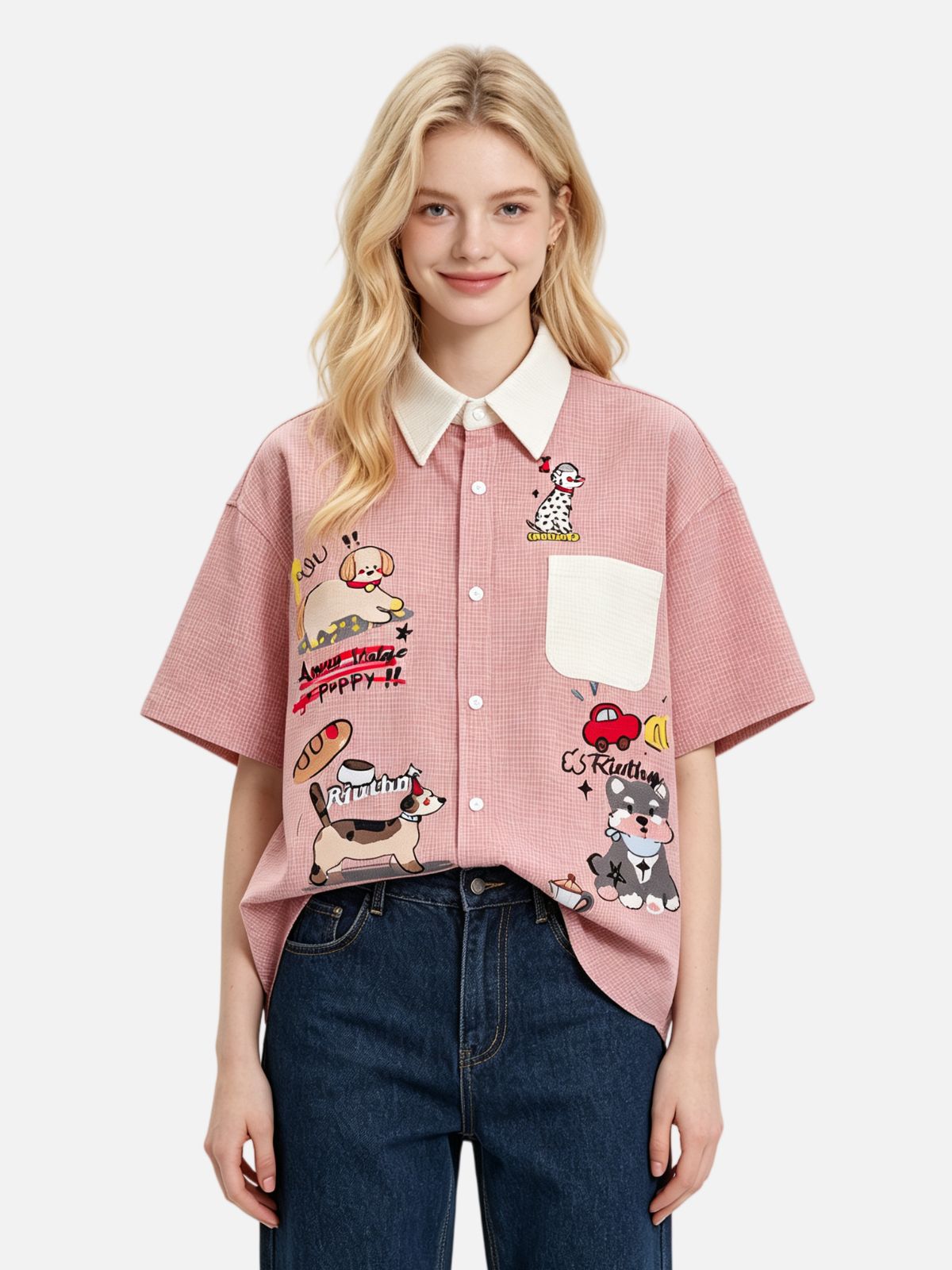 Haaura Puppy Embroidered Contrast Collar Shirt