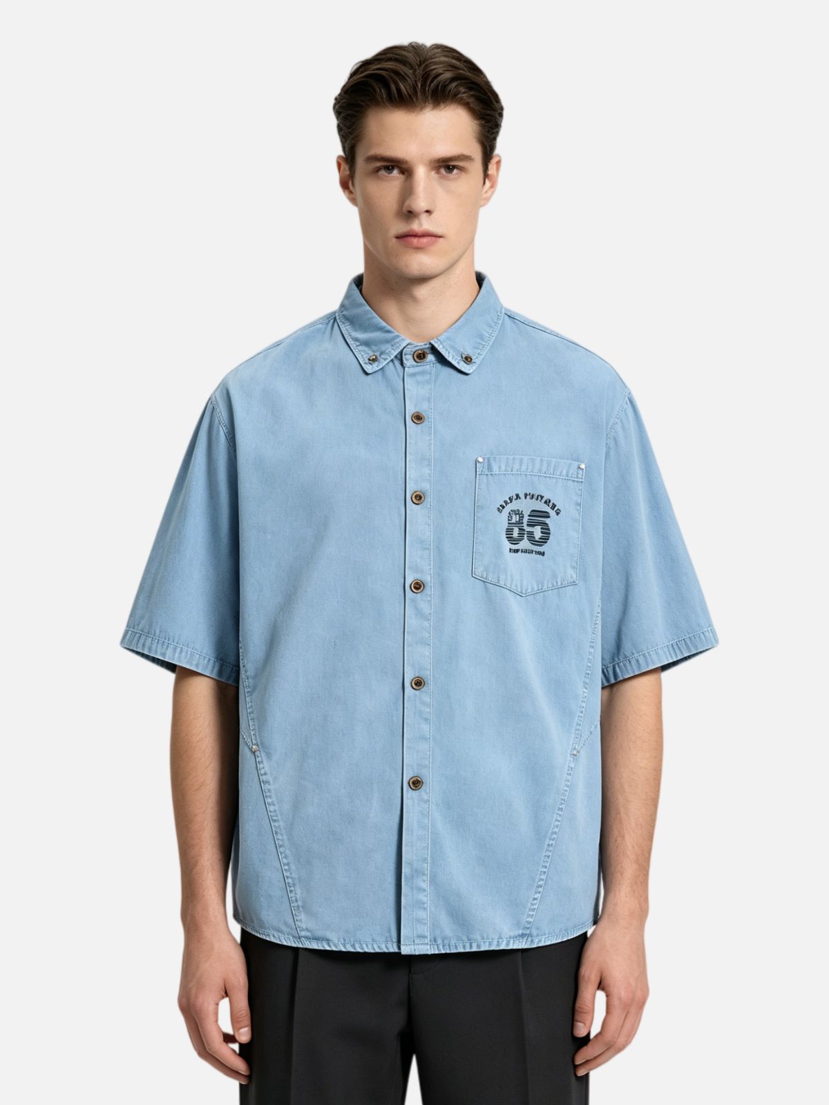 Haaura Boxy Washed Embroidered Pocket Denim Shirt