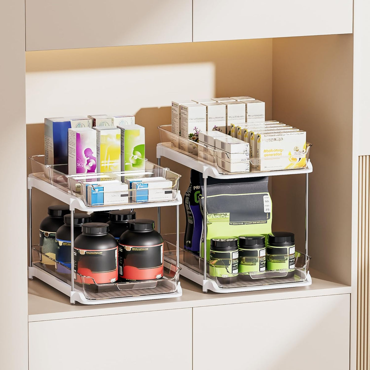 2-Pack 2-Tier Pull-Out Bathroom & Kitchen Organizers – Clear Acrylic Storage Drawers with 8 Movable Dividers, Stackable Cabinet Organizer for Under Sink, Pantry & Vanity