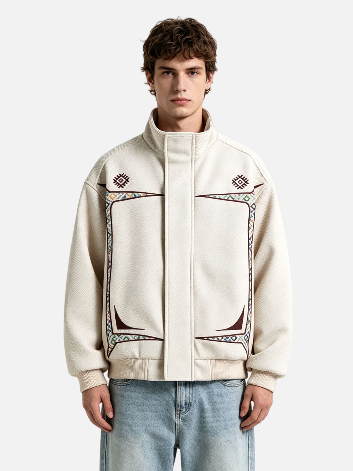 Haaura Geometric Embroidered Zip Up Jacket