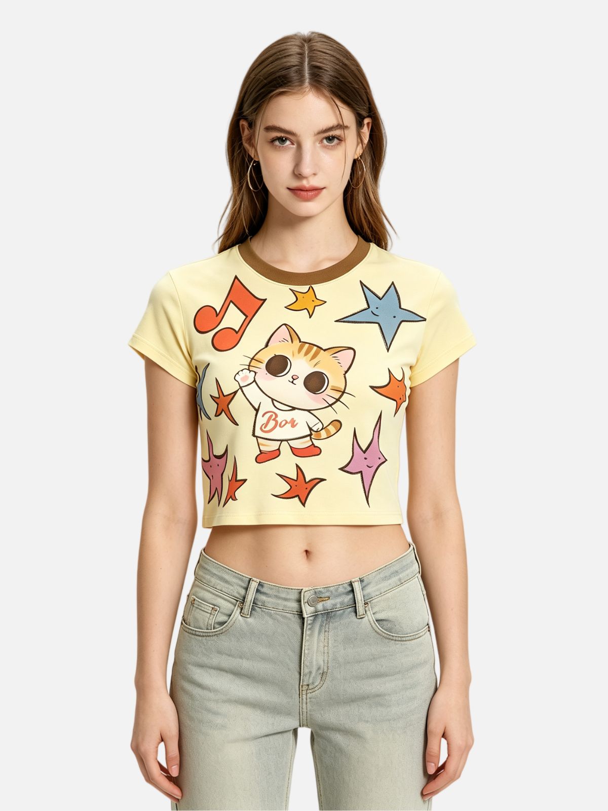 Haaura Cropped Contrast Collar Cat Graphic Tee