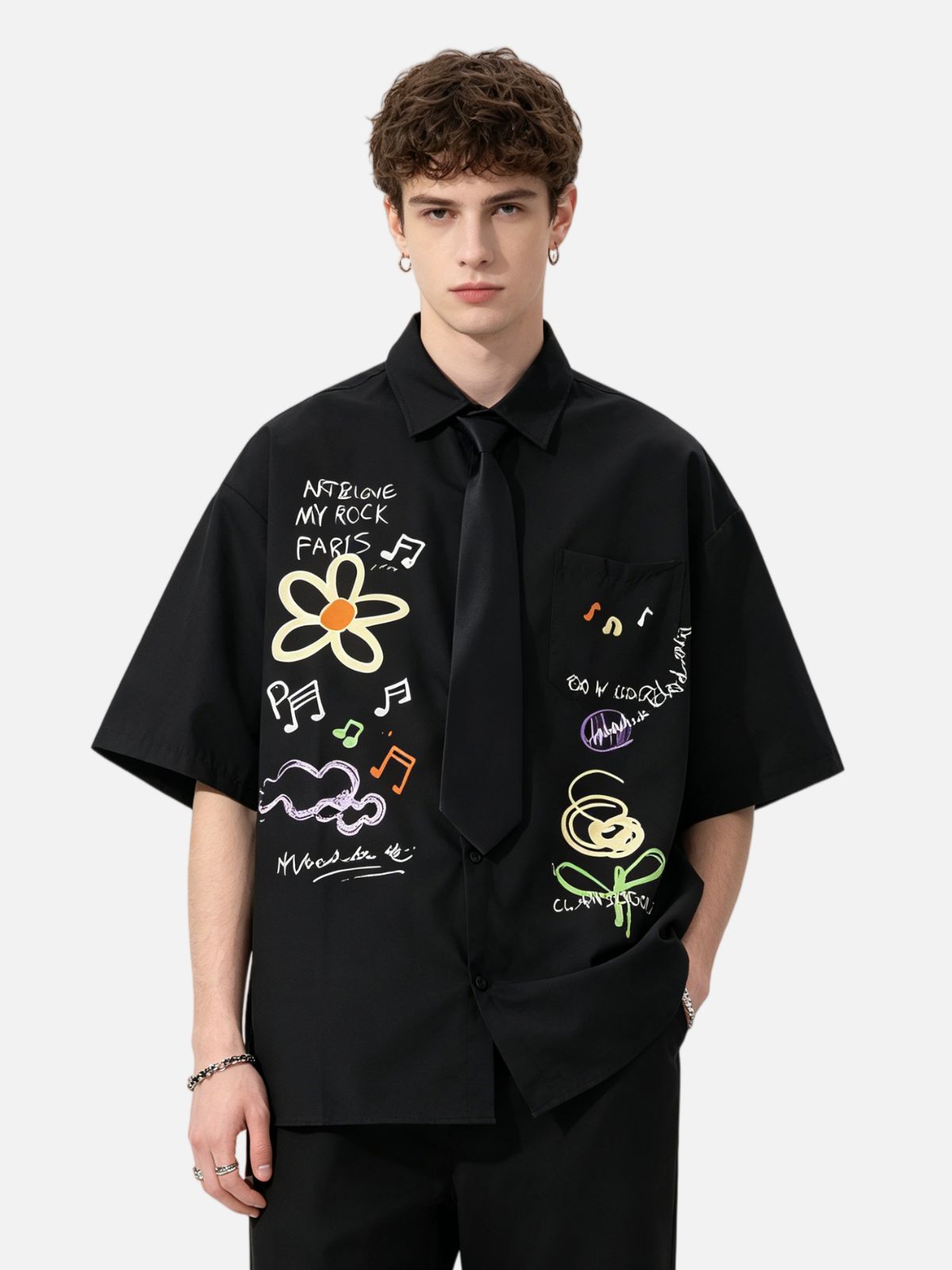 Haaura Artistic Doodle Print Fake Tie Detail Shirt