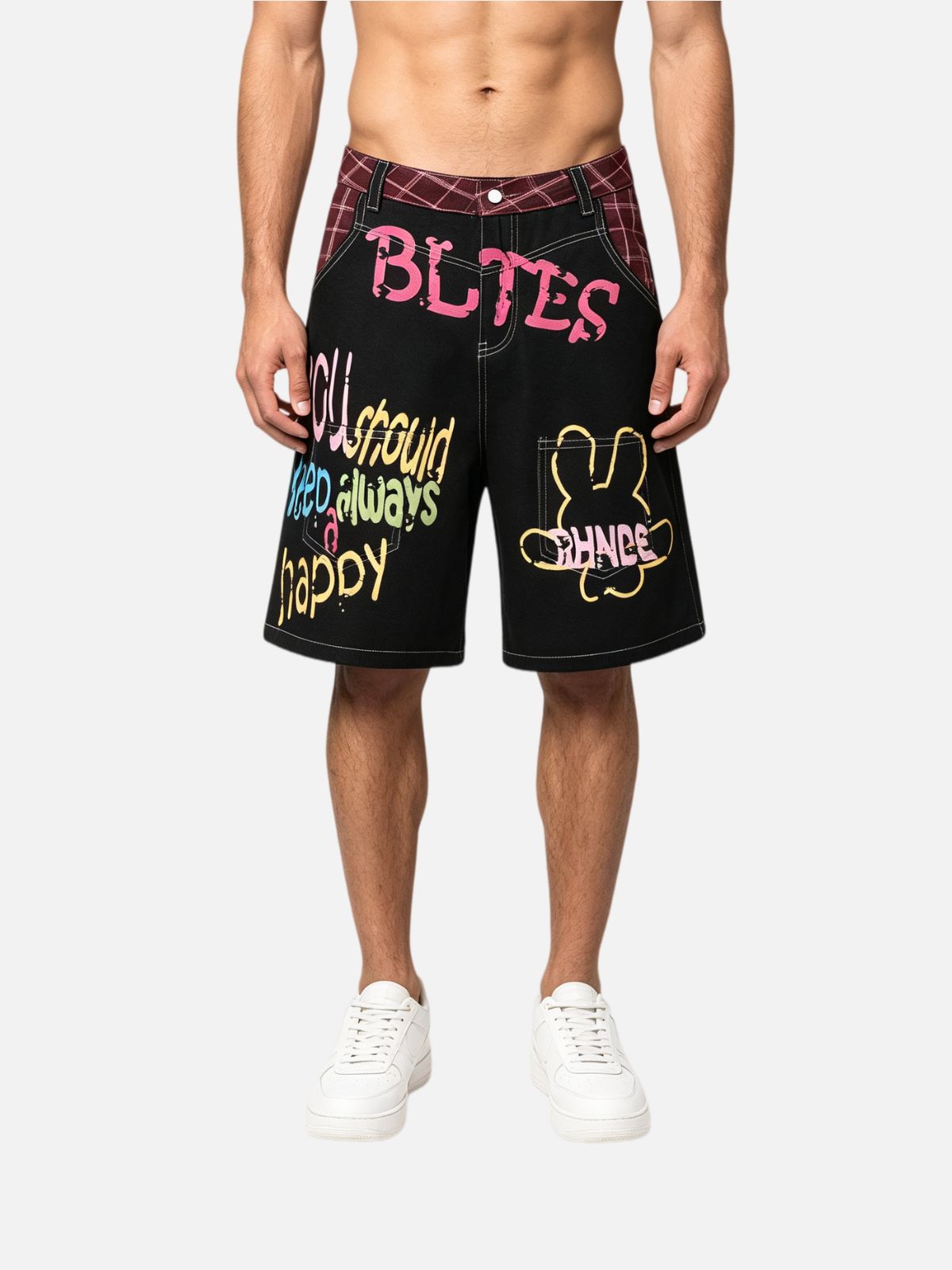 Haaura Colorful Lettering Rabbit Graphic Baggy Jorts
