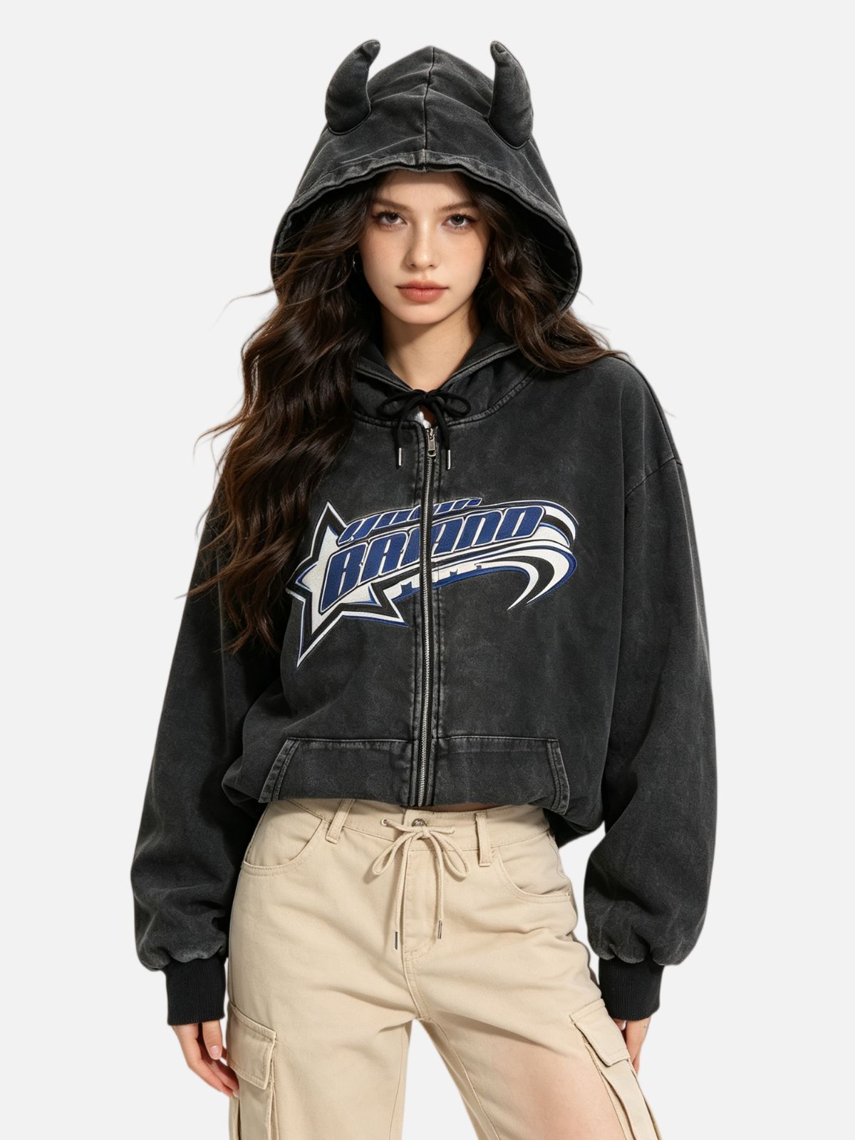Haaura Devil Horn Washed Zip Up Hoodie