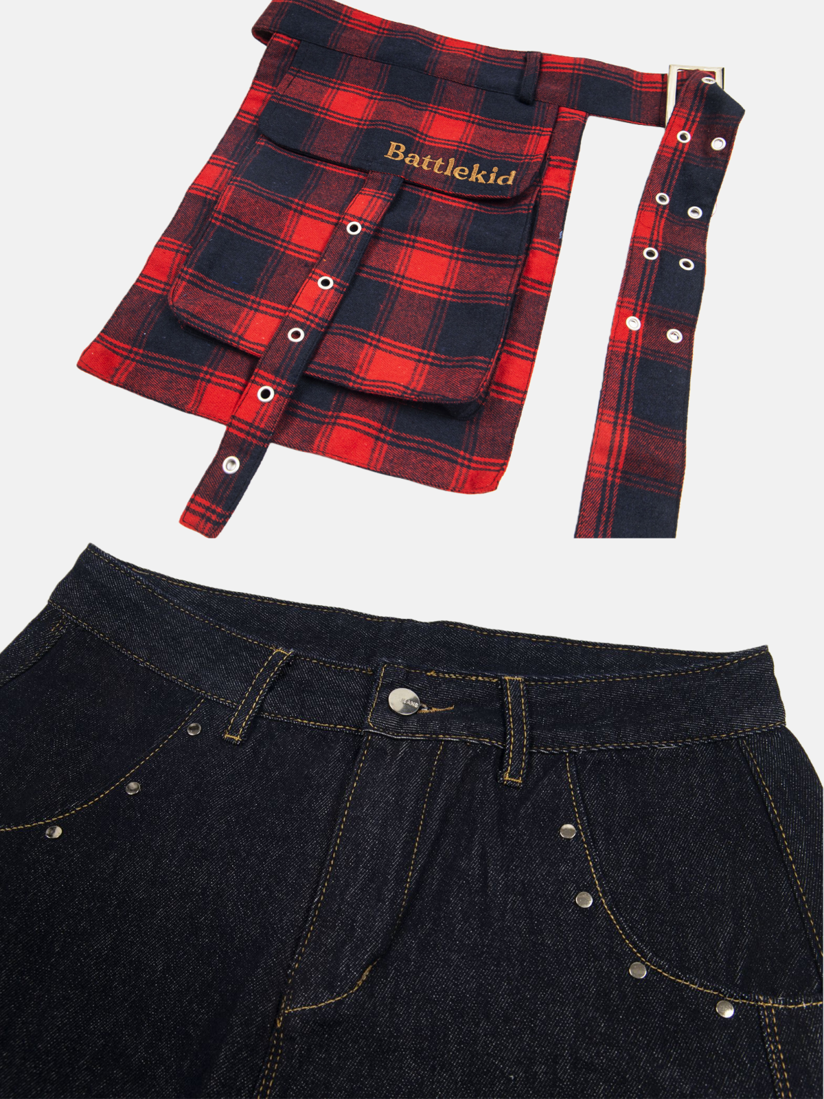 Haaura Plaid Shirt Belt Ombré Lantern Jeans