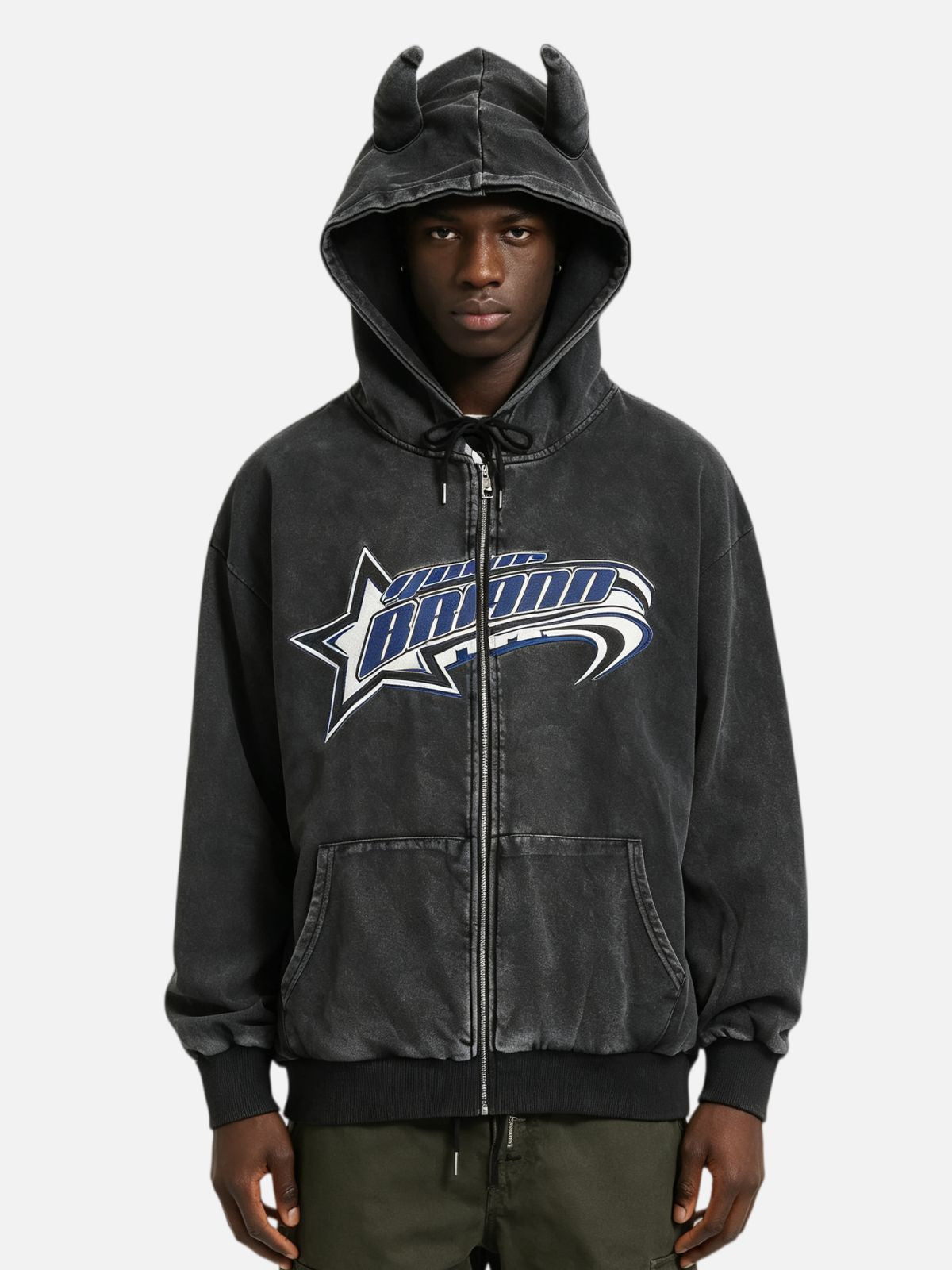 Haaura Devil Horn Washed Zip Up Hoodie