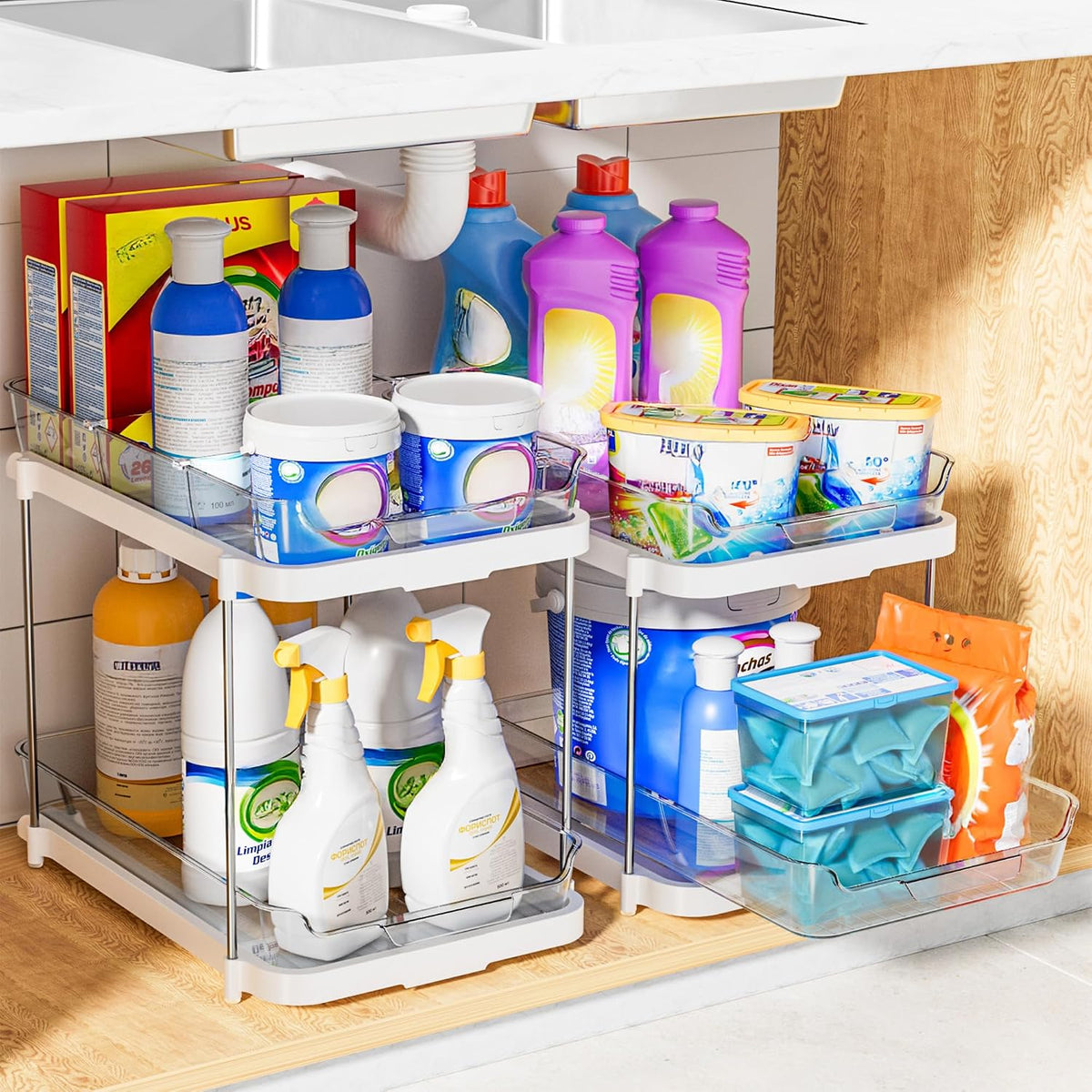 2-Pack 2-Tier Pull-Out Bathroom & Kitchen Organizers – Clear Acrylic Storage Drawers with 8 Movable Dividers, Stackable Cabinet Organizer for Under Sink, Pantry & Vanity