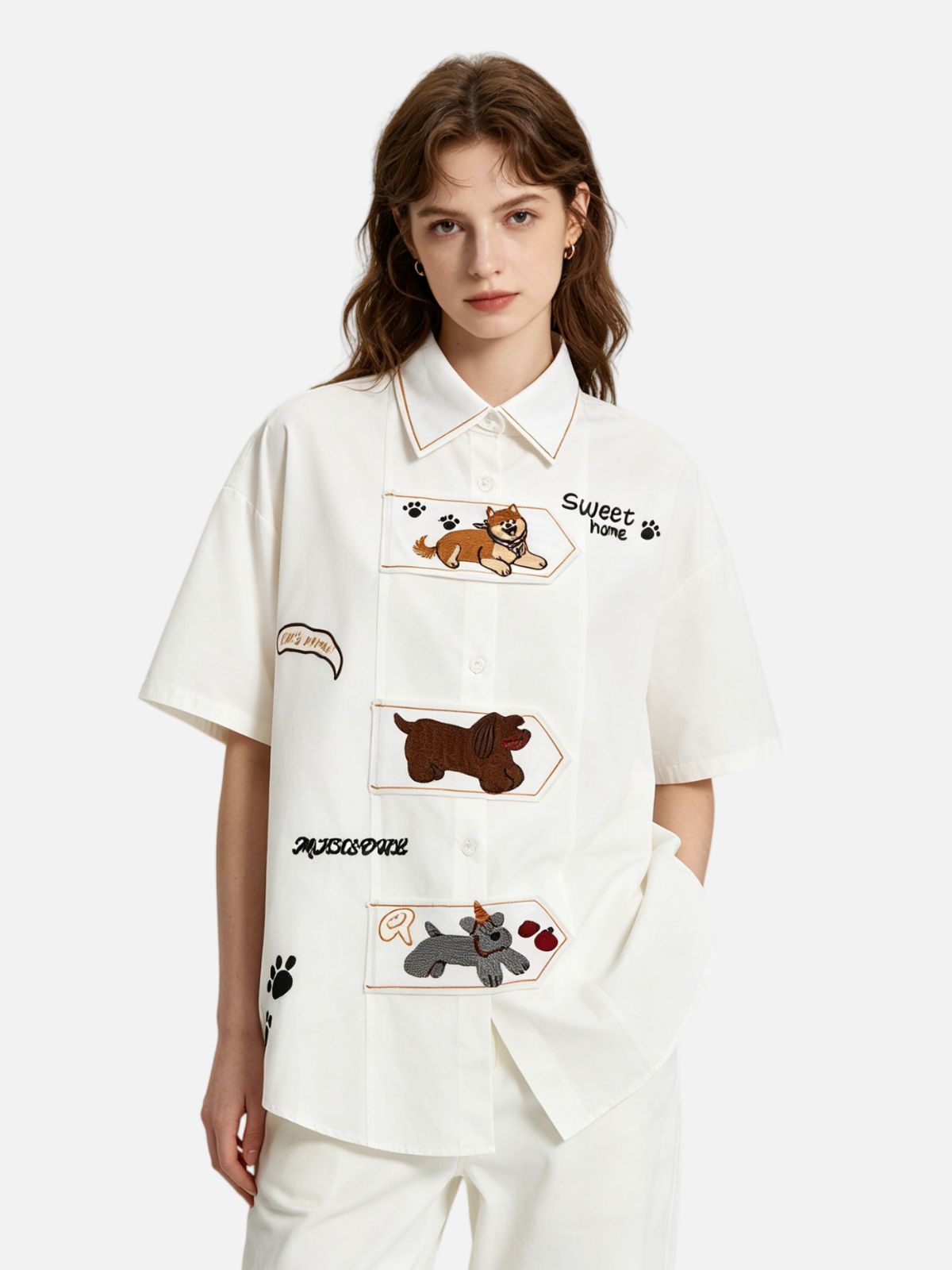 Haaura Vintage Dog Embroidered Contrast Collar Shirt