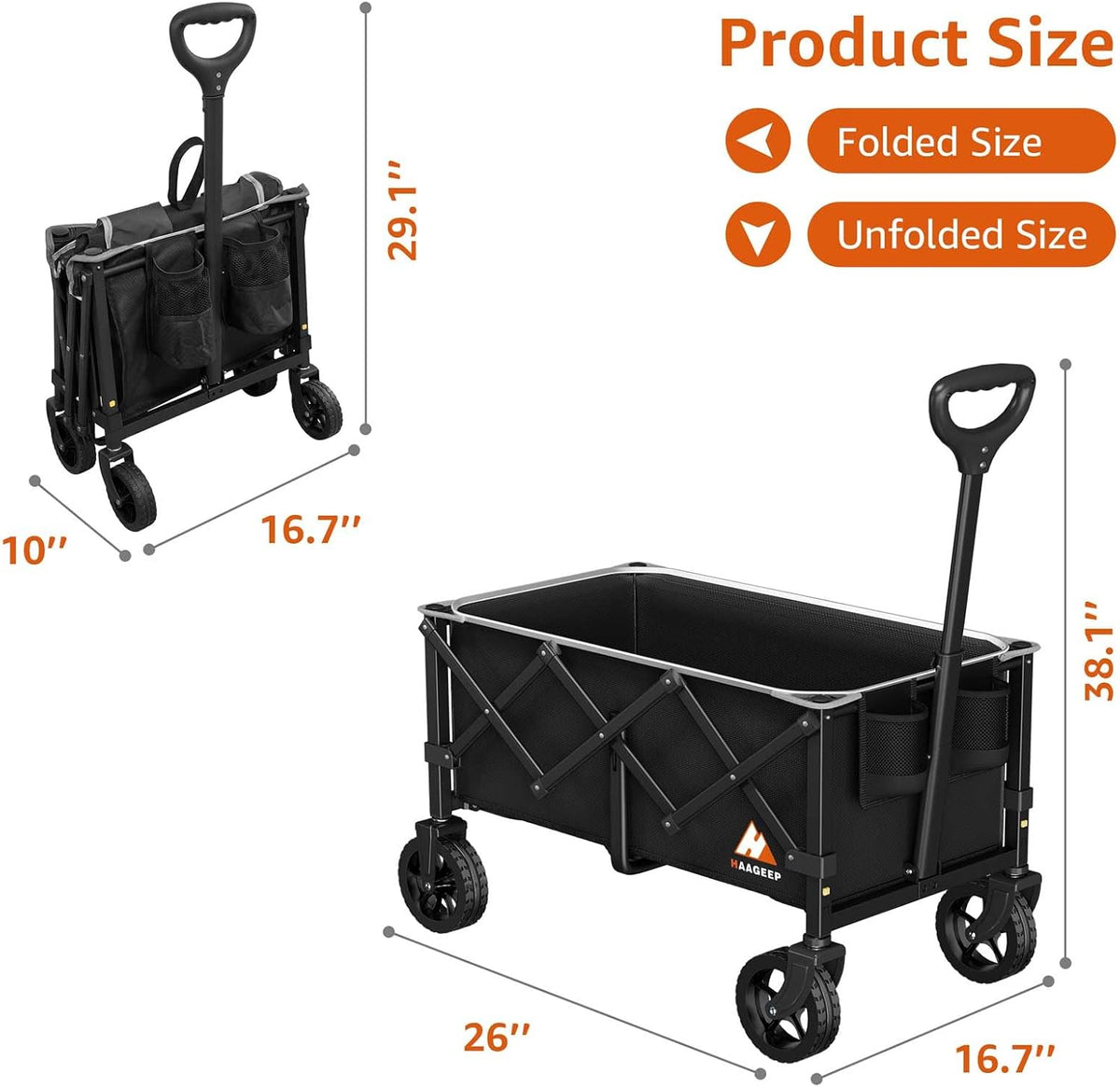 Collapsible Wagon Cart with Wheels, 280 lbs Heavy Duty Folding Wagon with Reflective Stripe, 600D Oxford Fabric, 360° All-Terrain Wheels & Adjustable Handle for Camping, Beach, Shopping, Black