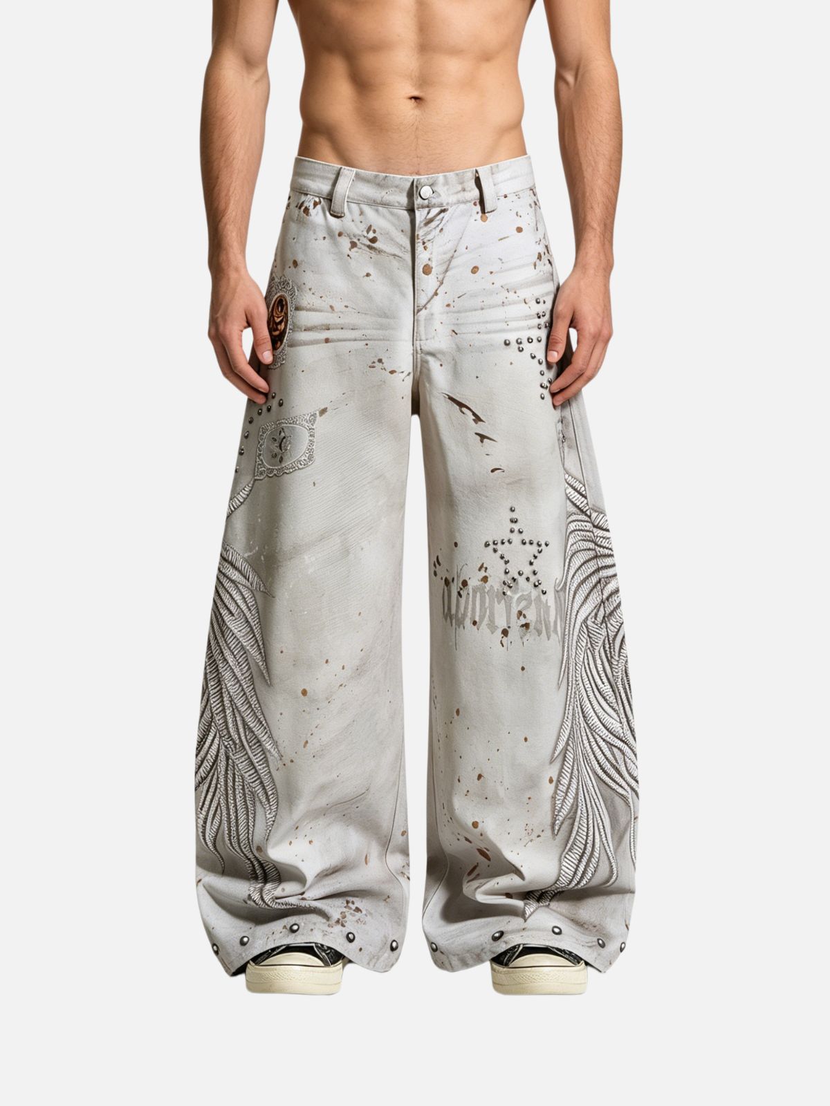 Haaura Paint Splatter Embroidered Studded Baggy Barrel Jeans