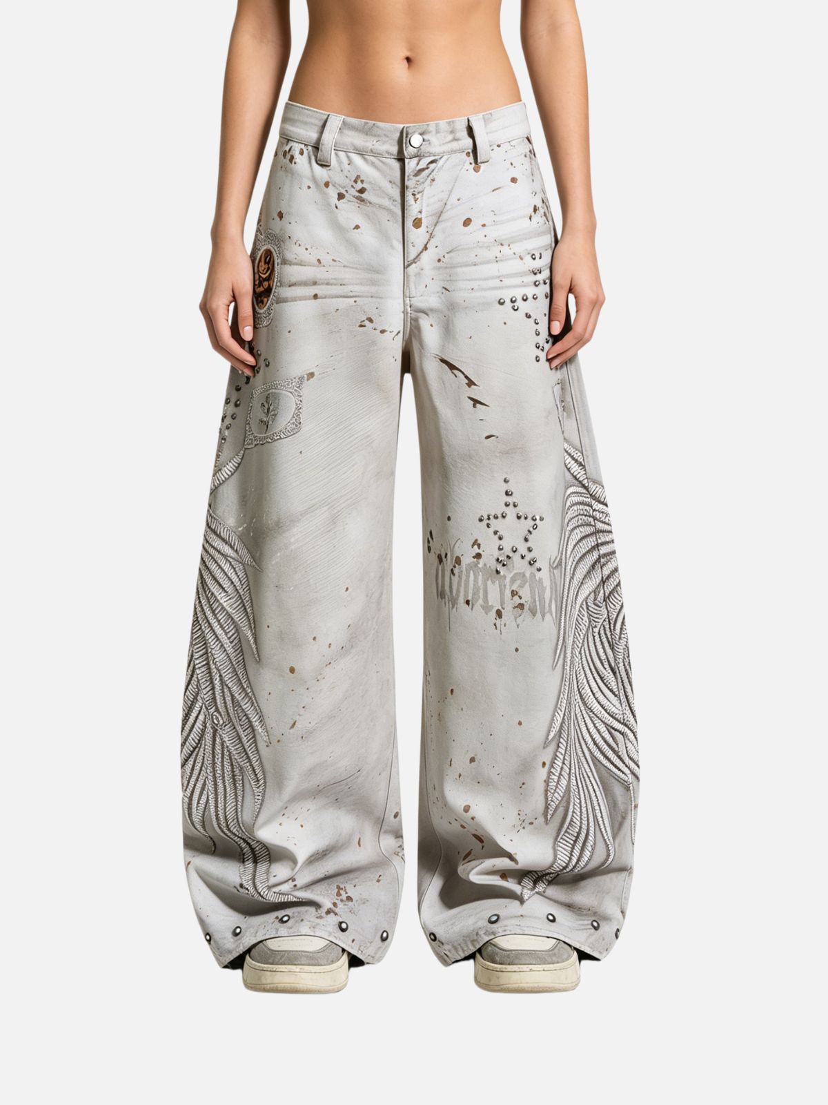 Haaura Paint Splatter Embroidered Studded Baggy Barrel Jeans