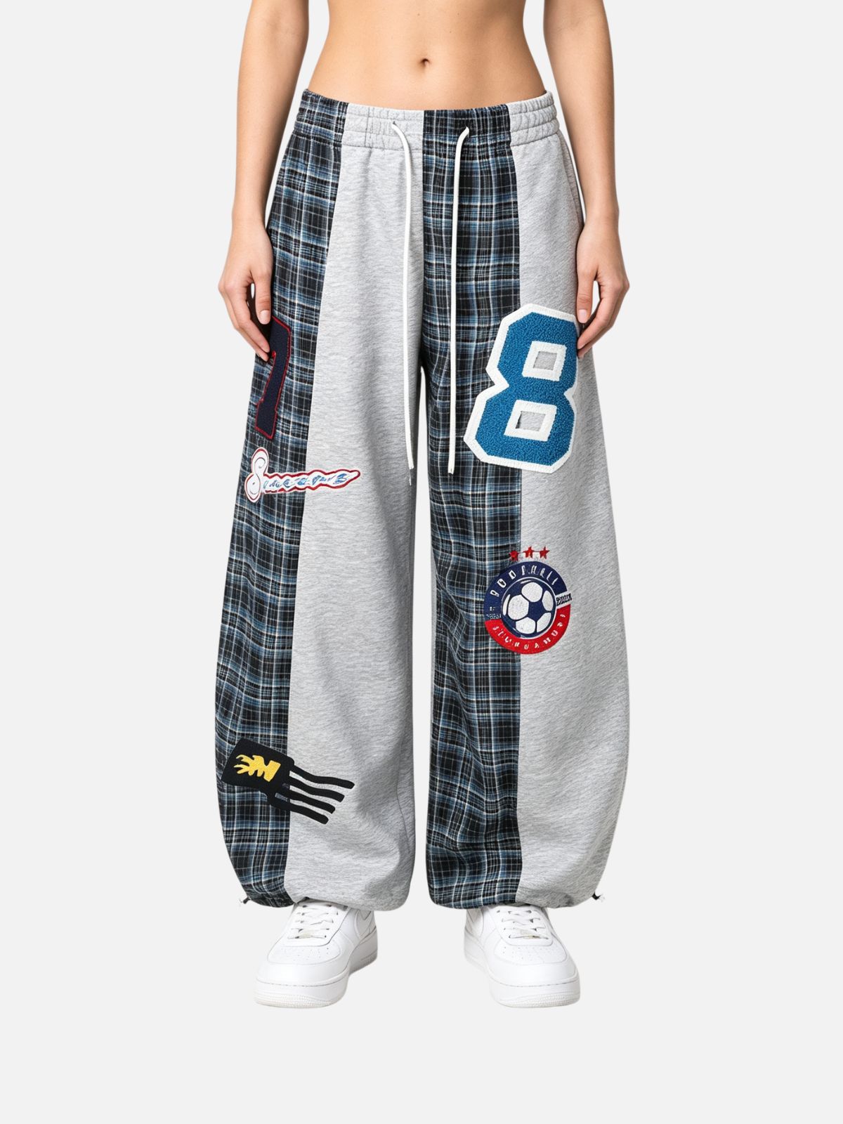 Haaura Plaid Panel No.8 Patch Drawstring Baggy Sweatpants