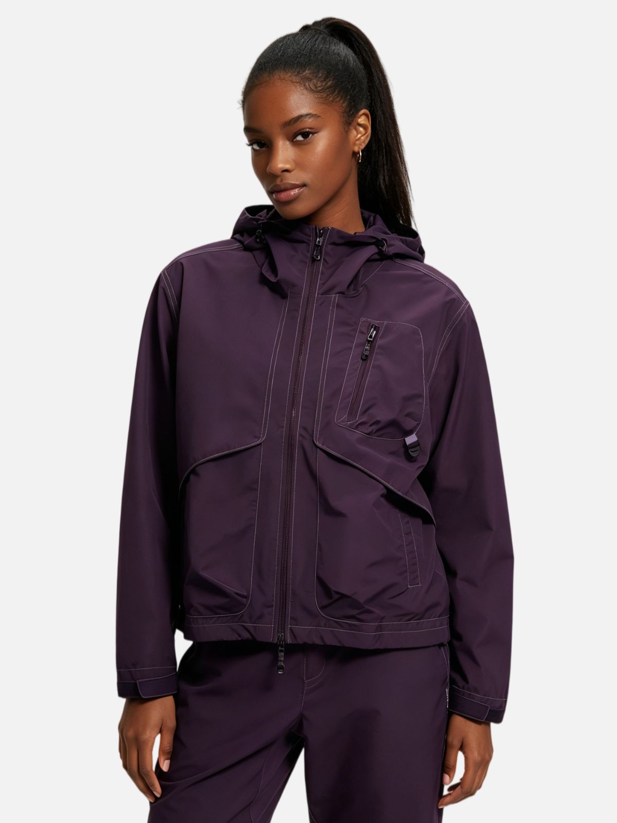Haaura Boxy Hooded Slanted Zip Pocket Jacket