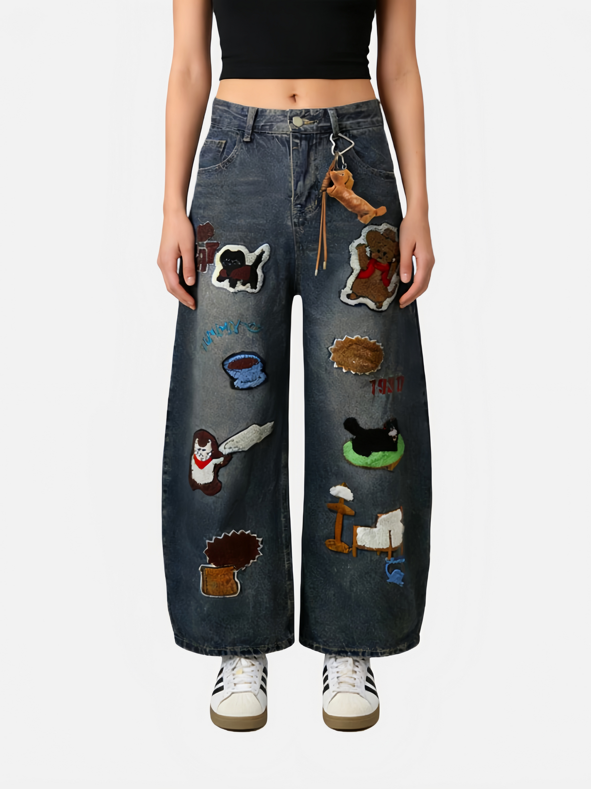 Haaura Animal Applique Embroidery Barrel Jeans