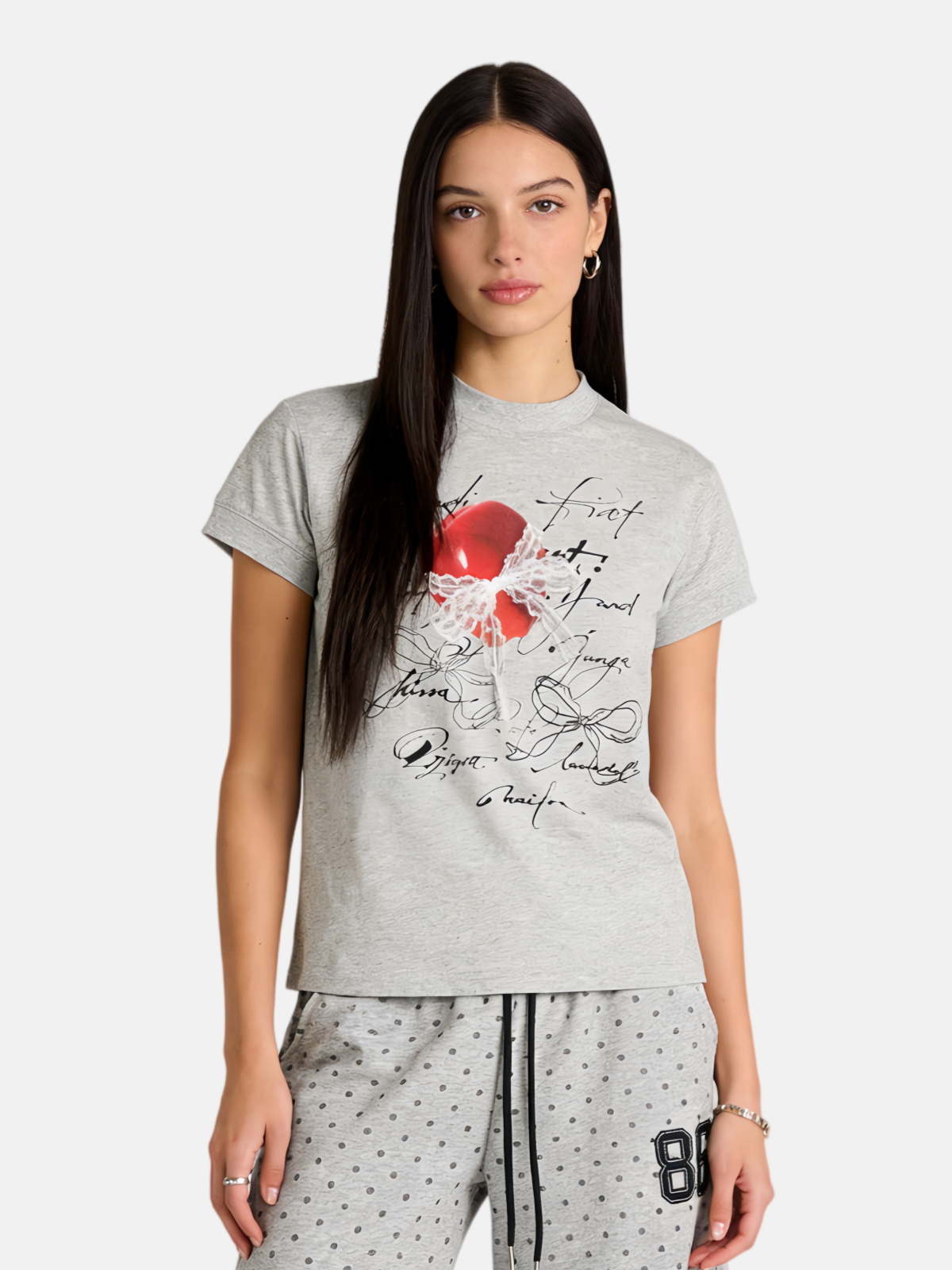 Haaura Apple Lace Bow Art & Life Text Print Tee