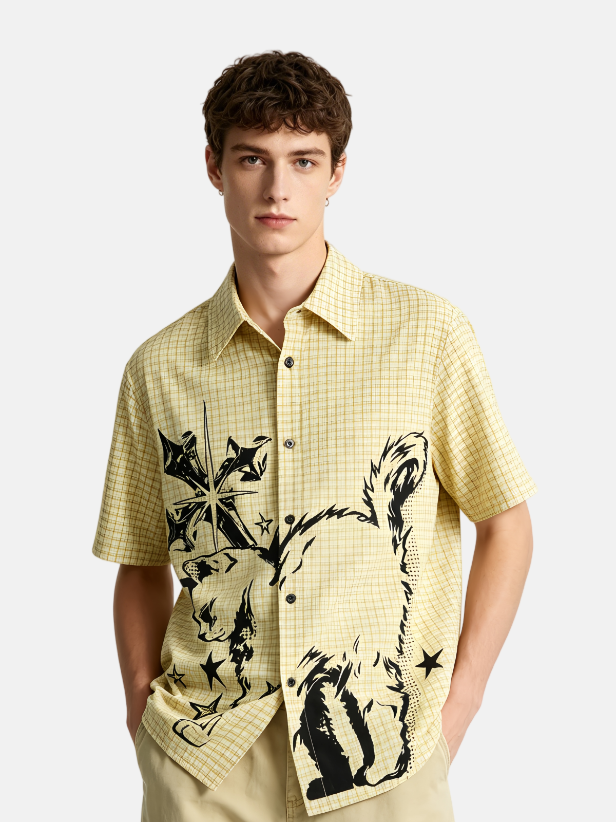 Haaura Cat Sketch Plaid Short Sleeve Shirt