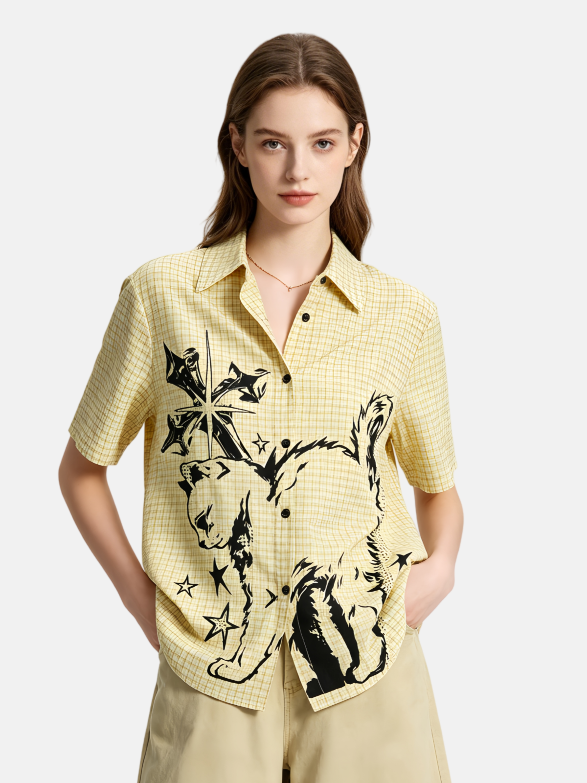 Haaura Cat Sketch Plaid Short Sleeve Shirt
