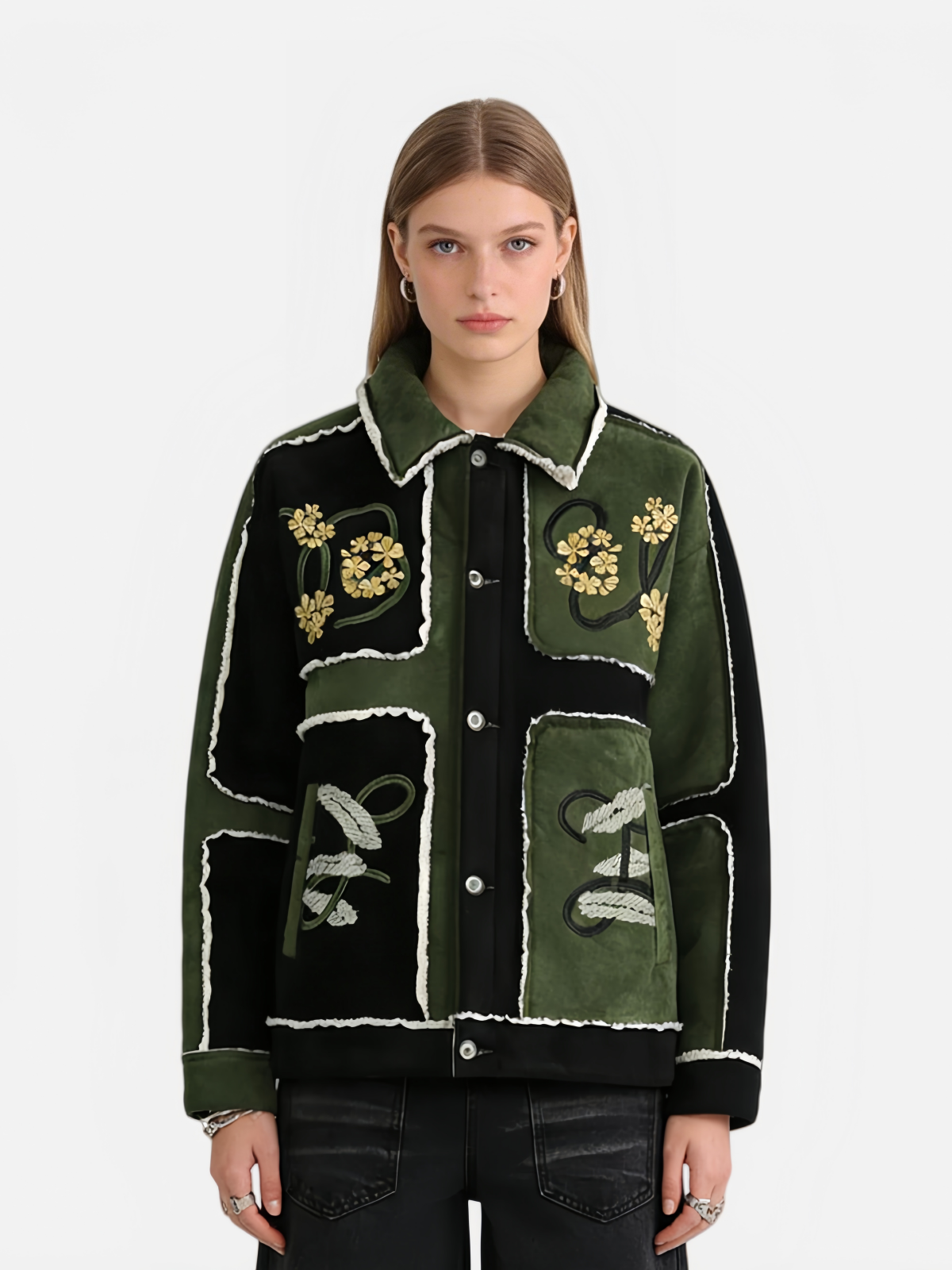 Haaura Color Block Embroidery Floral Coat