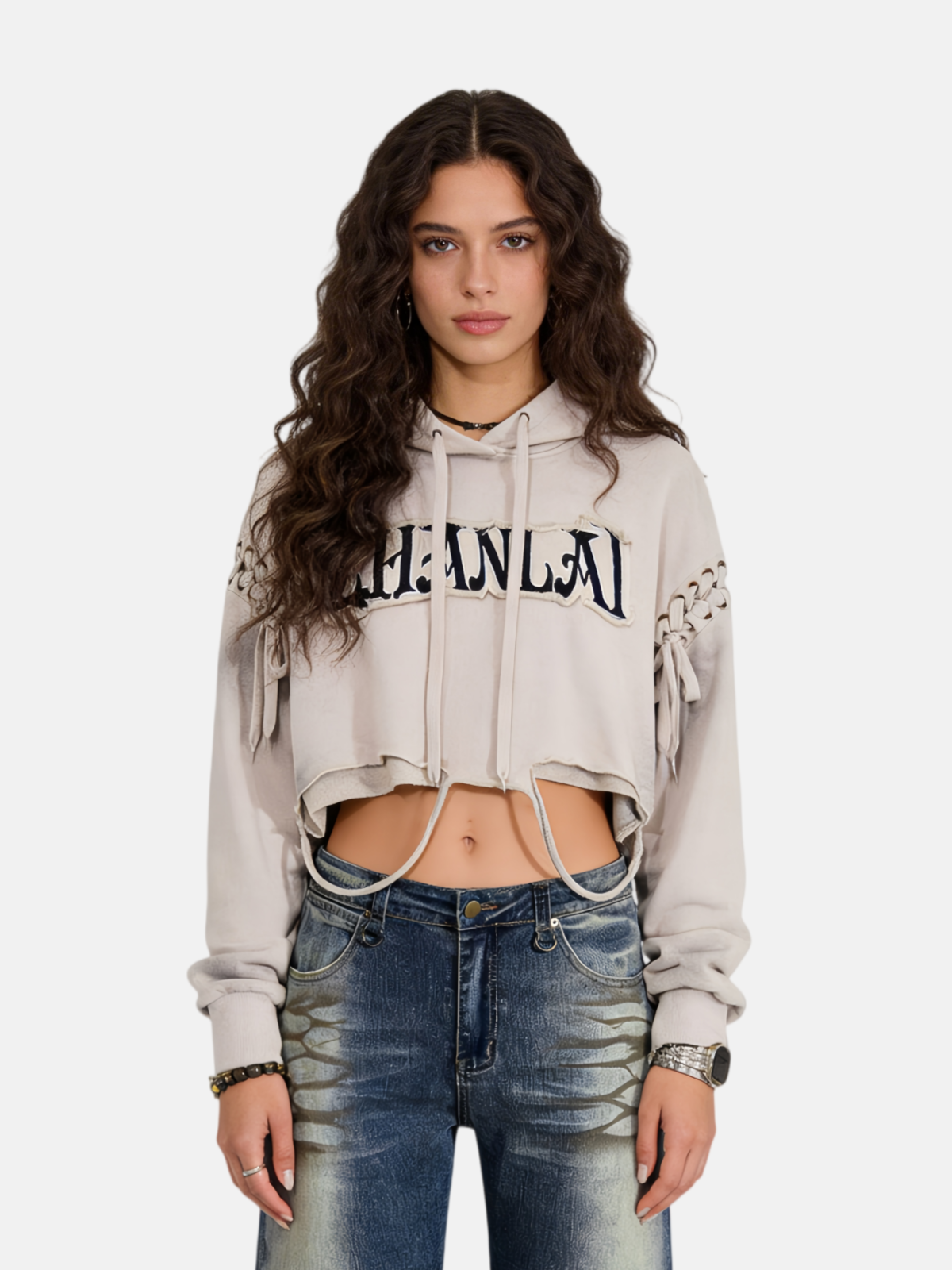 Haaura Cropped Lace-Up Hoodie