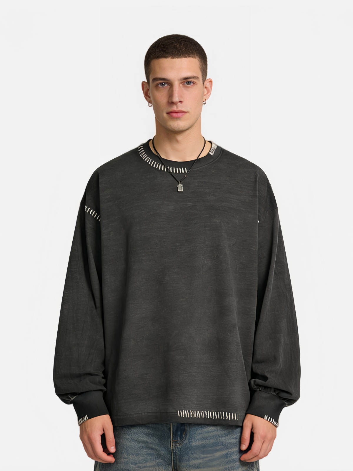 Haaura Distressed Contrast Stitch Long Sleeve Tee