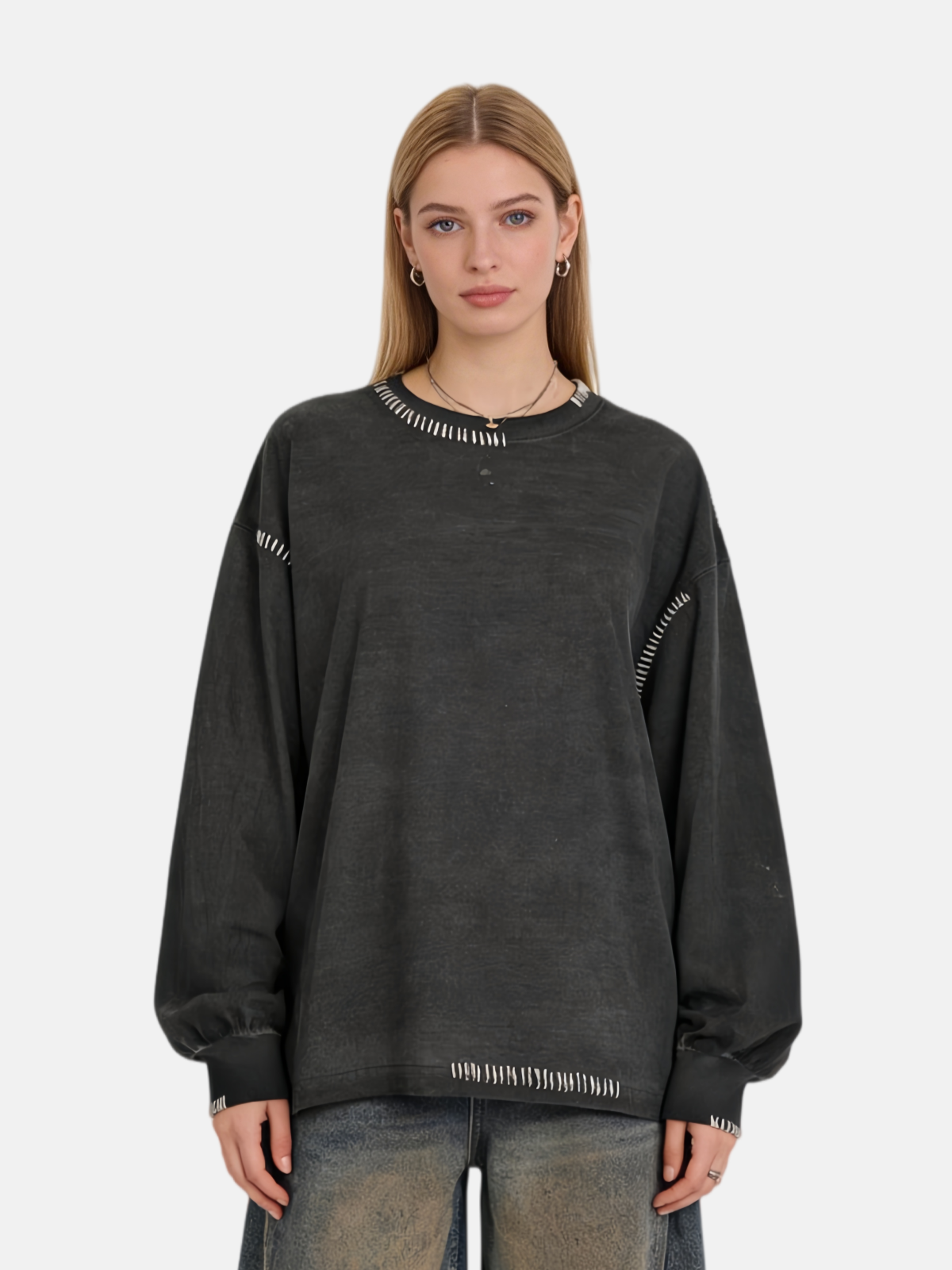 Haaura Distressed Contrast Stitch Long Sleeve Tee