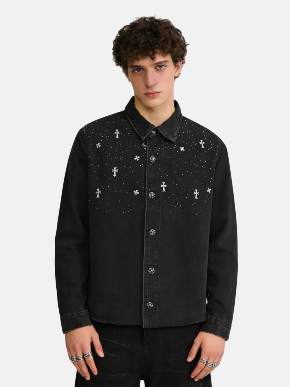 Haaura Embroidered Cross & Floral Denim Shirt
