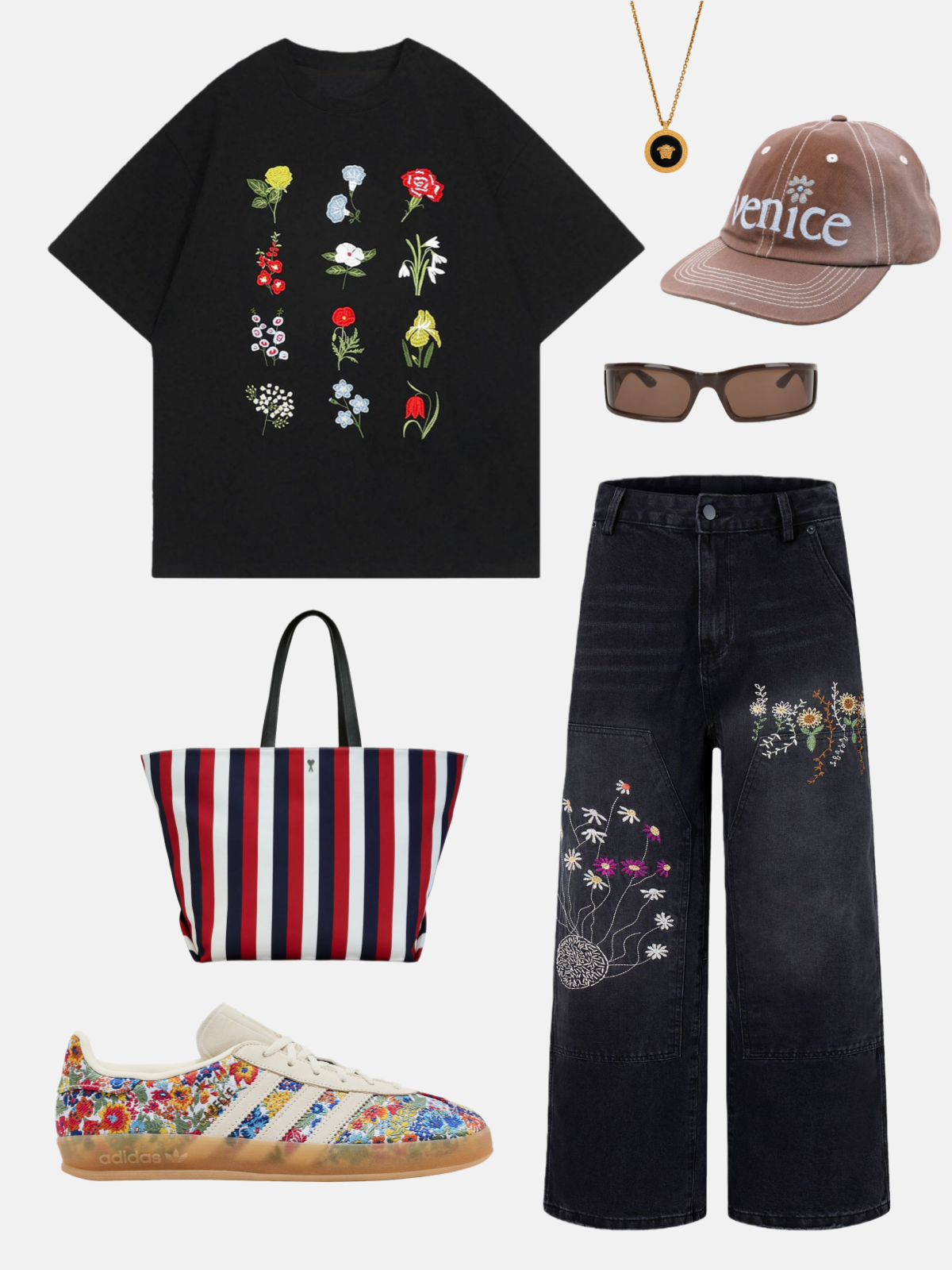 Haaura Floral Embroidery Double Knee Jeans