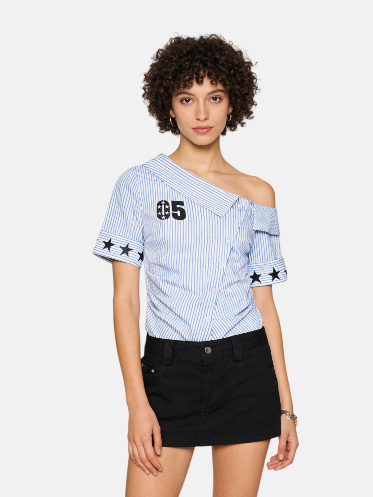 Haaura Stripe Star Off-The-Shoulder Short Sleeve Shirt