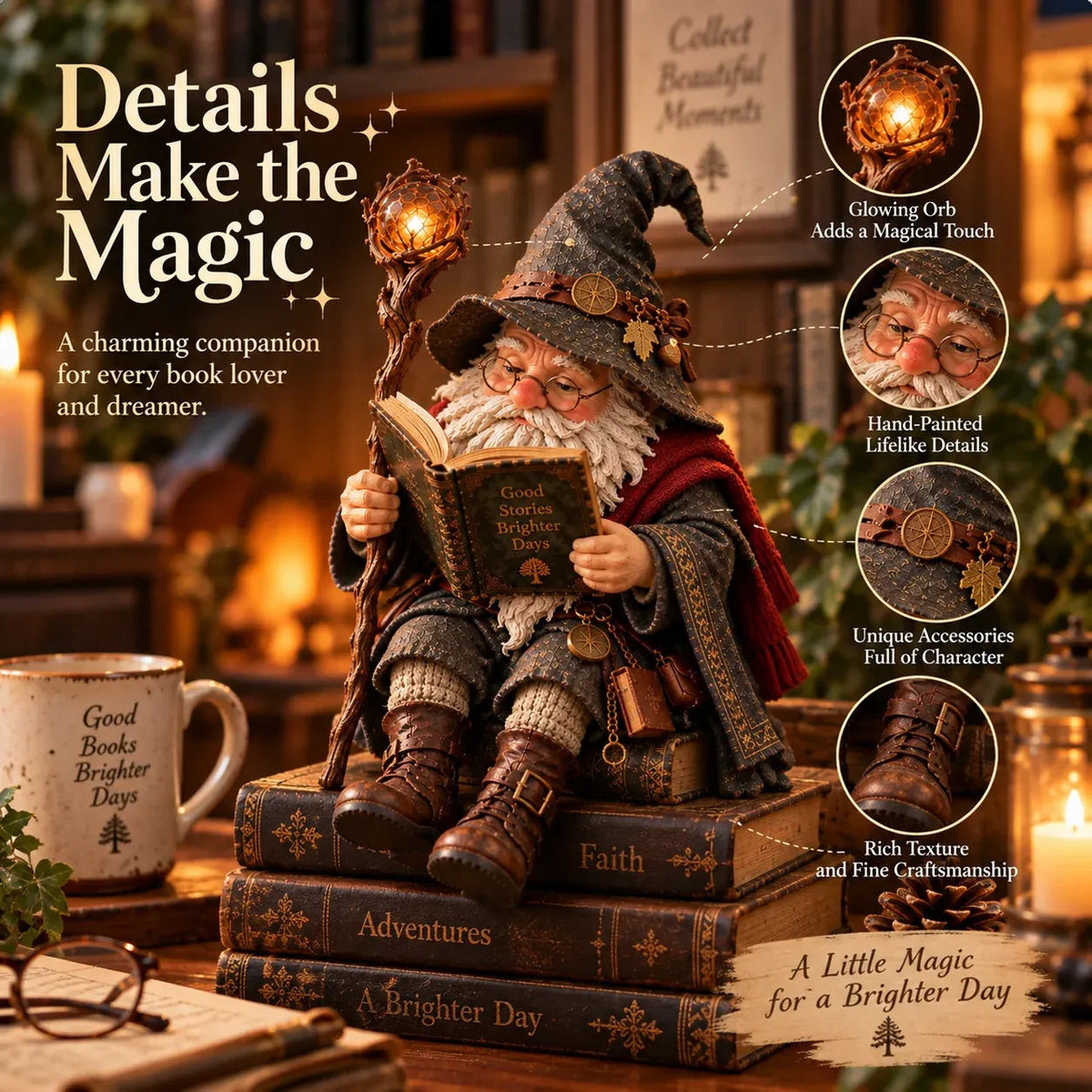 🧙♂️✨ Enchanted Book Lover Figurine – Whimsical Fantasy Reader Decor for Shelves, Desks & Cozy Reading Corners